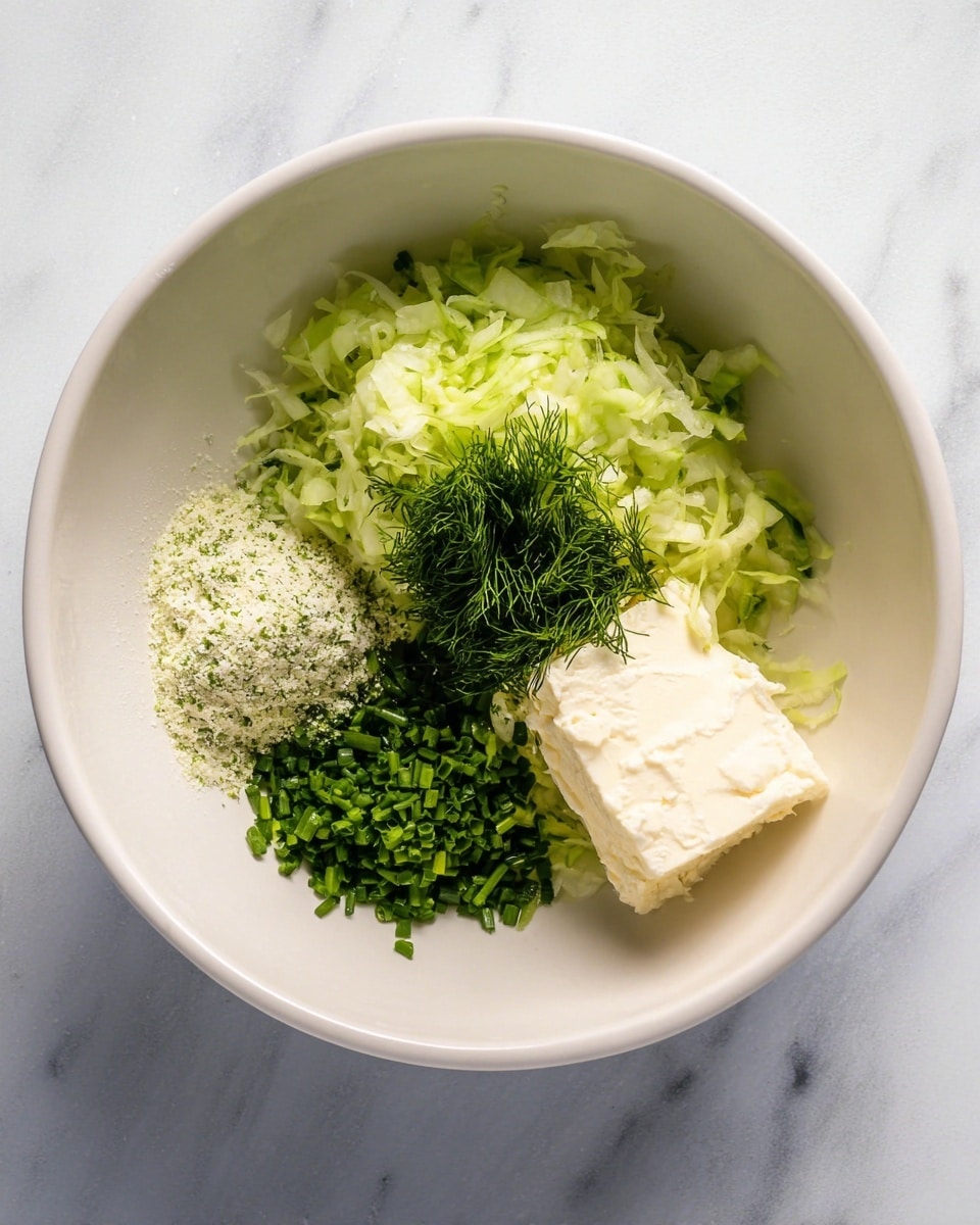 In a white bowl on a white marbled surface, there are four separate layers of ingredients before mixing: shredded light green cucumber on the top right, a mound of light cream soft cheese block on the bottom right, finely chopped dark green chives on the bottom left, and a smaller cluster of feathery dark green dill above the chives. Near the cucumber is a light beige powder with small green flecks. The colors range from light green to cream and dark green, with distinct textures from soft cheese and fresh herbs to shredded cucumber and powder. The scene is clean and bright, photo taken with an iphone --ar 4:5 --v 7