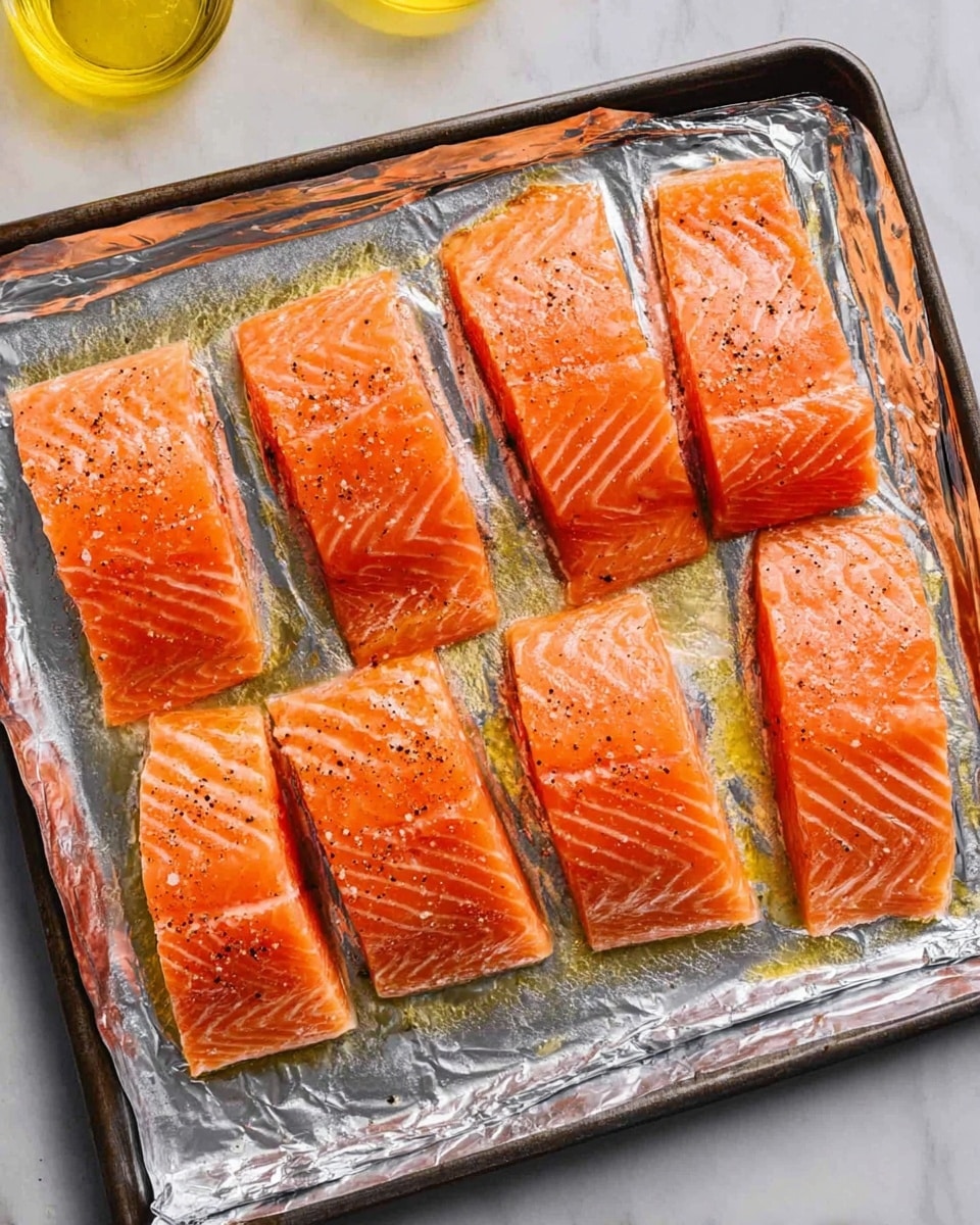 Six long pieces of fresh salmon with bright orange color and white lines are placed in two rows on a baking tray covered with shiny foil. Each salmon piece has a light layer of oil near the top and small black pepper and salt sprinkled evenly on them. The tray rests on a white marbled surface with some yellow oil bottle caps visible at the top corner. photo taken with an iphone --ar 4:5 --v 7