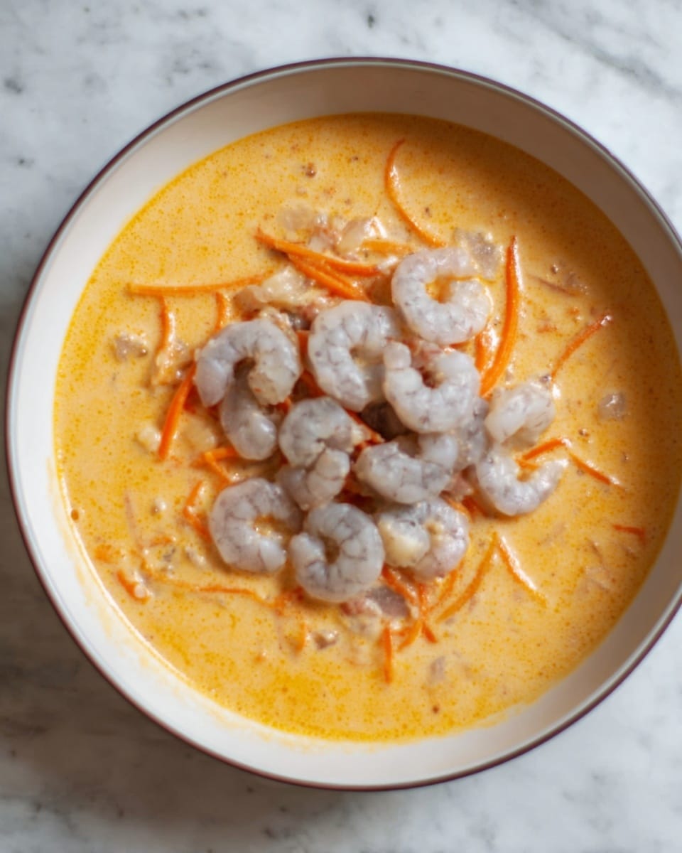 A white round bowl filled with a creamy orange soup that has thin orange strips mixed in. On top of the soup, there is a layer of raw gray shrimp arranged in a small pile near the center. The bowl is placed on a white marbled surface. photo taken with an iphone --ar 4:5 --v 7