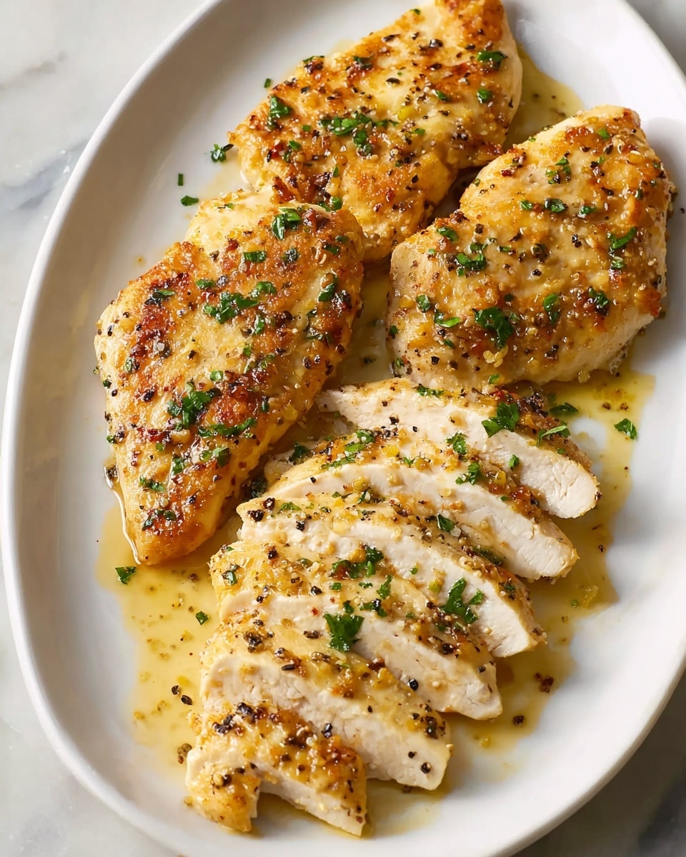 The image shows a white oval plate with two golden brown cooked chicken fillets on top. Below the fillets, there are sliced strips of the same chicken, arranged neatly in a line, showing a moist, slightly white inner texture with a browned exterior. The chicken is sprinkled with chopped green herbs and black pepper. Light shining on the chicken highlights its crispy and juicy surface. The plate sits on a white marbled surface with a small amount of sauce pooling beside the chicken. Photo taken with an iphone --ar 4:5 --v 7