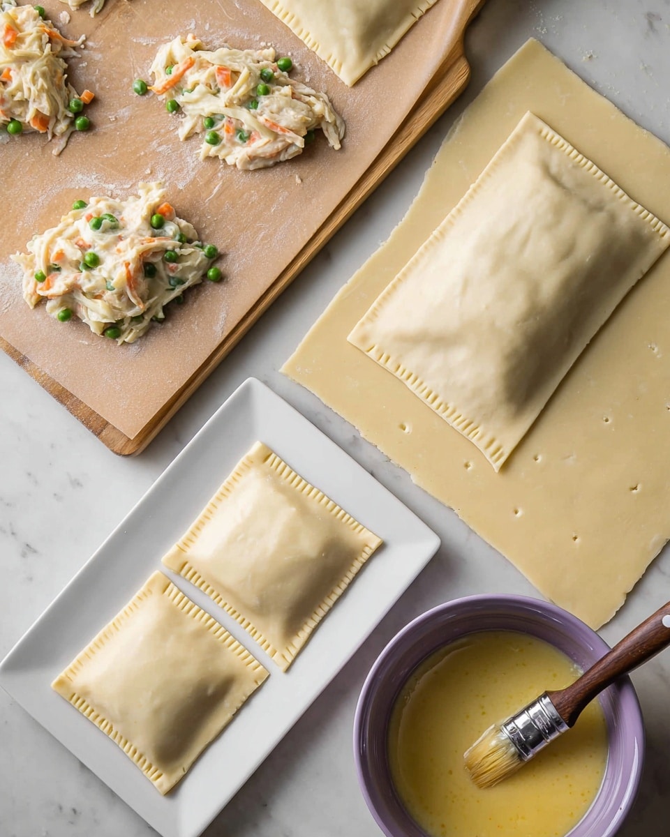 The image shows a white marbled surface with three rectangular sheets of pale dough laid flat. On two of the dough sheets, there are small piles of creamy filling with visible pieces of orange carrots, green peas, and light beige shredded turkey. One dough rectangle is folded over the filling, sealing the mix inside with a soft smooth texture. Nearby, there is a white plate holding four square, sealed dough pockets with small fork marks along the edges, and tiny punctures on the surface. To the side, a purple bowl holds more creamy filling with a spoon inside. In the foreground, another purple bowl contains a yellow egg wash with a brush resting in it, ready to seal the dough edges. photo taken with an iphone --ar 4:5 --v 7