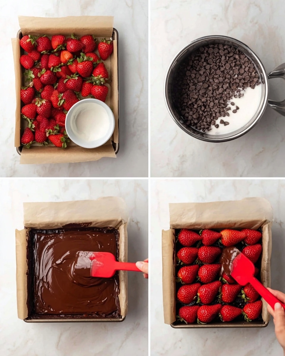The image shows a four-step chocolate and strawberry baking process on a white marbled surface. The first frame has a shiny metal pot with white cream inside and a small white bowl filled with dark chocolate chips beside it, with a parchment-lined square baking pan filled with whole, fresh red strawberries to the left. The second frame shows chocolate chips added into the cream inside the metal pot, beginning to melt. The third frame reveals the pot now filled with thick, smooth, melted dark chocolate mixture with a glossy texture. The final frame shows the square baking pan with red strawberries arranged along the sides, and a thick layer of chocolate batter being spread over the strawberries using a red spatula held by a woman's hand. Photo taken with an iphone --ar 4:5 --v 7