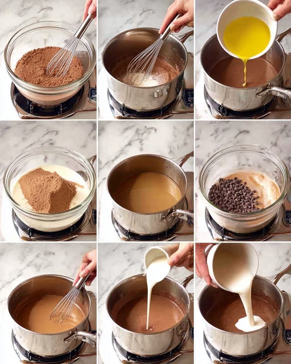 A round dessert with three visible layers sits on a white marbled surface. The bottom layer is dark brown and looks dense, the middle layer is a creamy light brown, and the top layer is thick white whipped cream with brown chocolate shavings scattered evenly across. It is served in a silver pie tin placed on a dark brown decorative tray. To the right, a silver pie server lies on the tray, and in the background, there is a stack of white plates with silver forks resting on them, and a blue and white striped cloth nearby. Photo taken with an iphone --ar 4:5 --v 7