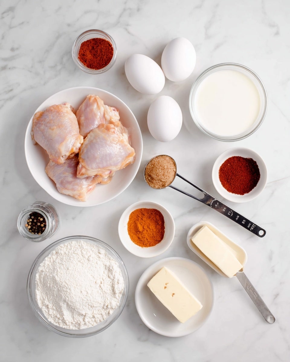Several ingredients are arranged on a white marbled surface, each in a separate white bowl or clear glass container. In the bottom right, a white bowl holds several raw chicken thighs, light pink with slight fat patches. Above it, a smaller white bowl contains two whole white eggs. Next to the eggs, to the right, a clear glass bowl holds a white liquid, likely milk. Near the center, there is a black measuring spoon filled with brown sugar. A small white bowl on the right side has two spices side by side, one orange and one dark red. To the left, there is a silver measuring cup with a red powder, possibly paprika. Below that is a transparent jar with black peppercorns and a small white measuring cup with salt. In the bottom left corner, a clear glass bowl stands with white flour. A stick of butter with markings is positioned diagonally near the center left. The overall scene is bright and clean. photo taken with an iphone --ar 4:5 --v 7