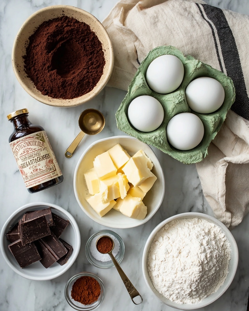 The image shows various baking ingredients arranged on a white marbled surface. At the center top is a beige bowl filled with dark brown cocoa powder. To the right, there is a green carton holding six white eggs partially wrapped in a beige cloth with black stripes. Below the eggs, a white bowl contains light yellow butter cubes. To the left of the butter, a small dark bottle with a vintage label stands next to a brass measuring spoon filled with fine white salt. Below the cocoa powder, a small white bowl holds dark chocolate chunks. Above the eggs, a small clear bowl contains a reddish-brown powder. On the bottom right, a white bowl is filled with white flour. All items are neatly placed, creating a warm and tidy baking setup photo taken with an iphone --ar 4:5 --v 7