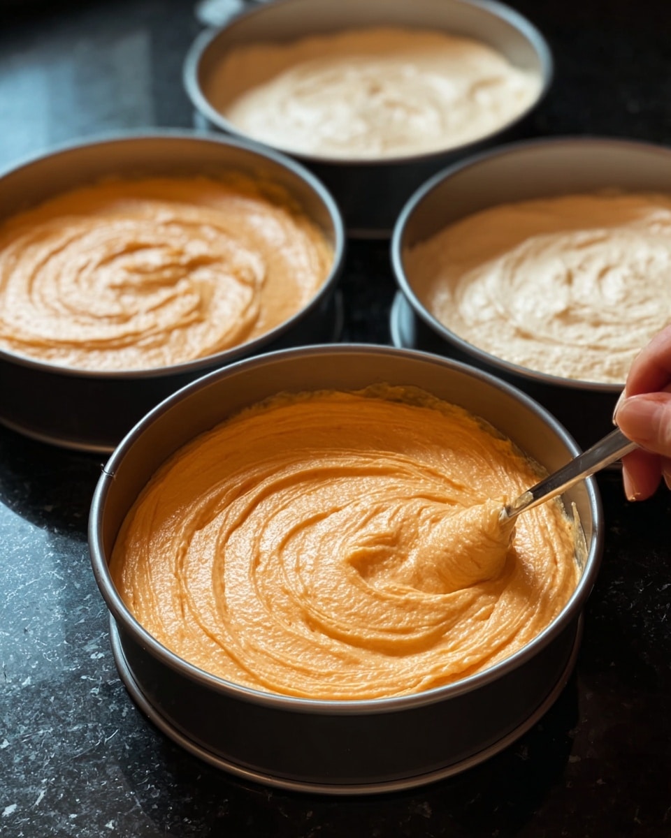 The image shows four round metal cake pans filled with soft, creamy batter. The pan in the front has a swirl pattern on the orange-colored batter with a spoon smoothing the surface, held by a woman's hand on the right side. Behind it, there are three more pans: the two on the left have a lighter orange batter with a smooth texture, and the one in the back has a pale, almost white batter. All pans sit on a glossy black surface. photo taken with an iphone --ar 4:5 --v 7