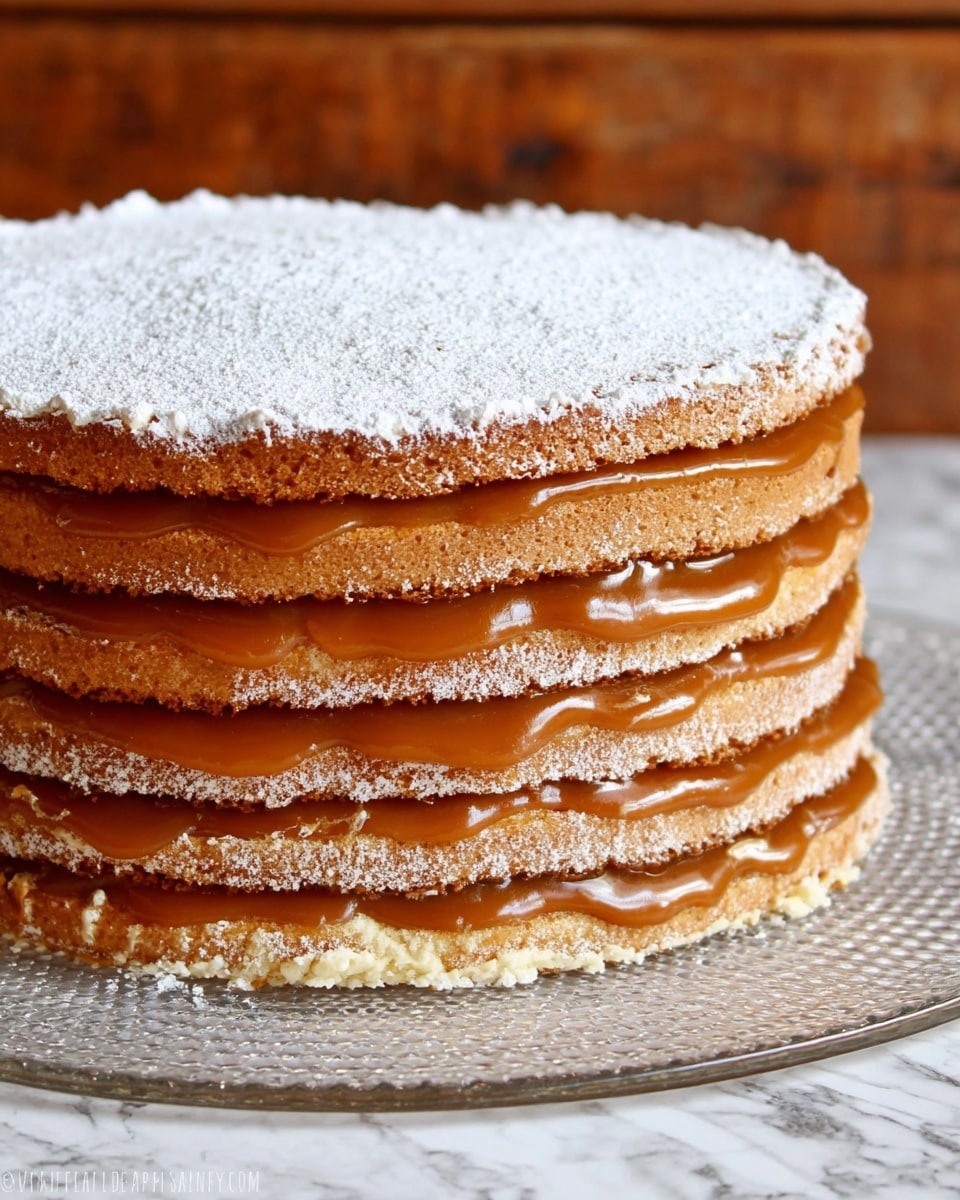 The image shows a tall, layered cake with seven visible layers. Each cake layer is light brown with a slightly rough texture. Between each cake layer, there is a middle layer of thick, shiny caramel-colored filling that looks smooth and rich. The top cake layer is dusted with a light white powdered sugar covering, adding a soft touch. The cake sits on a clear, textured glass plate on a white marbled surface. Photo taken with an iphone --ar 4:5 --v 7