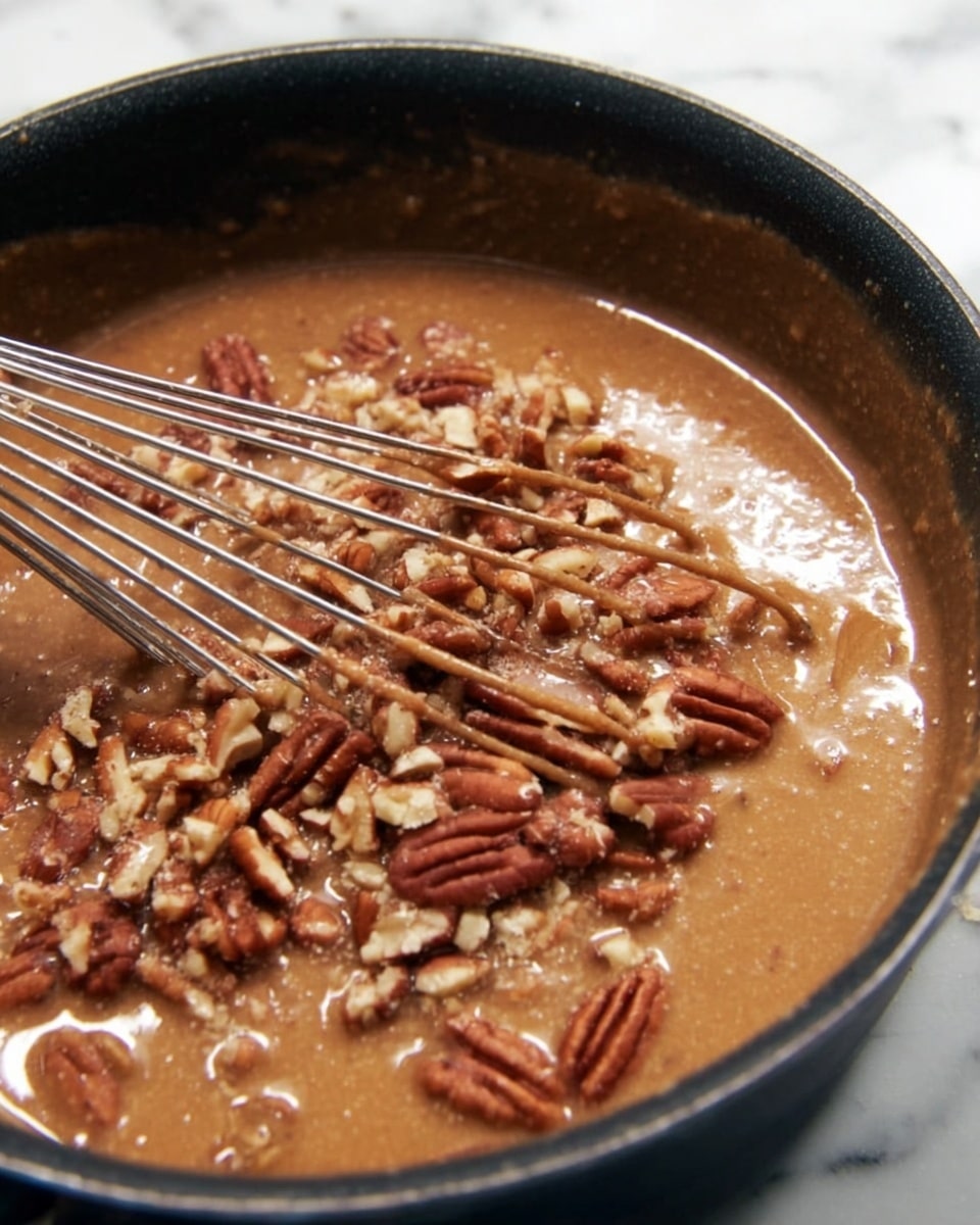 A close-up view of a black pot filled with thick brown batter, with chopped pecans scattered on top and some mixed in. Thin metal whisk wires are partially submerged in the batter, coated in the same texture. The batter looks smooth and creamy, while the pecans add a rough, nutty texture on the surface. The background shows a white marbled texture. Photo taken with an iphone --ar 4:5 --v 7