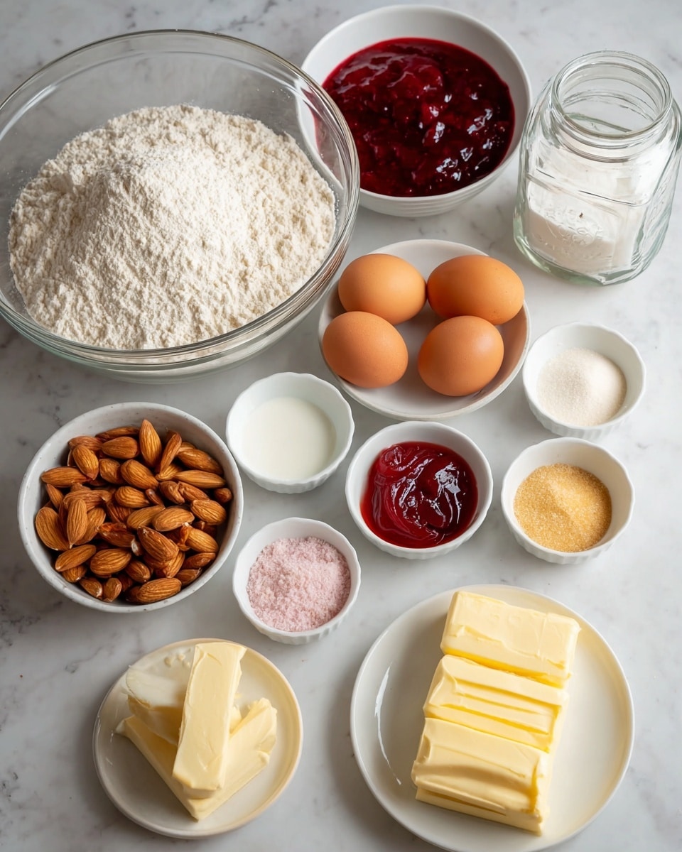 The image shows a collection of baking ingredients arranged on a white marbled surface. There is a large clear glass bowl filled with white flour at the center left. Behind it, a white bowl contains a thick red mixture. Near it is a glass jar filled with white granulated sugar. Four brown eggs sit in a small white rectangular dish. On the right side, small white bowls hold white sugar, a golden powder, and a light pink powder. In the front center, there is a white bowl filled with almonds, and next to it is another white bowl containing a red jelly-like substance in clear syrup. A small white bowl contains light beige granulated sugar. To the front right, a white plate holds three pale yellow sticks of butter. photo taken with an iphone --ar 4:5 --v 7