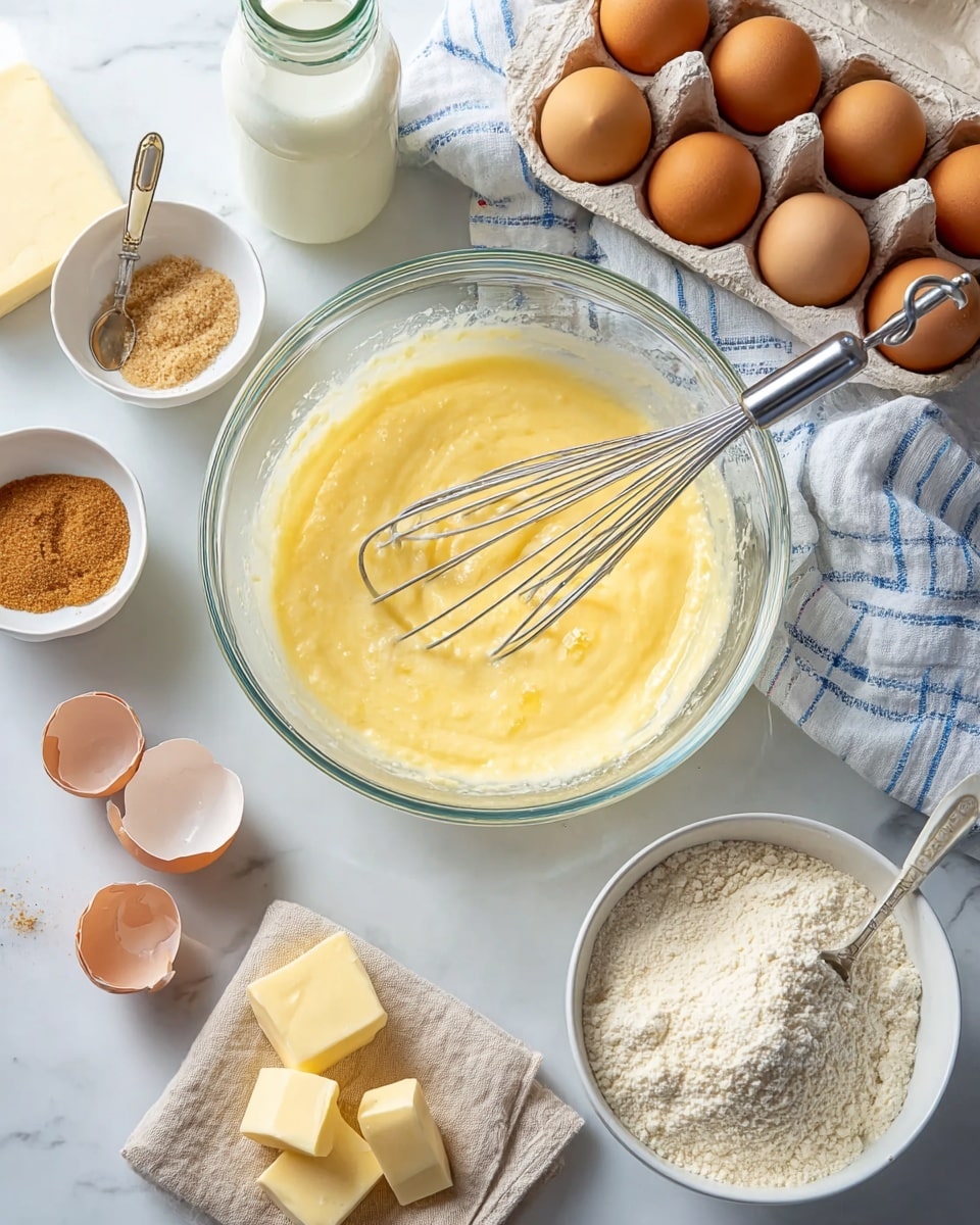 A scene with several baking ingredients arranged on a white marbled surface. In the center, a large clear glass bowl holds a yellowish smooth mixture being whisked with a metal whisk. To the right, a white bowl is filled with a light powdery substance and a spoon inside. Above this bowl, an open carton holds four brown eggs and one small speckled egg. To the left of the big bowl, two small white bowls hold brown sugar and an egg yolk respectively. Near the bottom left, there are two broken eggshell halves and two small cubes of pale yellow butter on a beige cloth. Behind the main bowl, a glass jar with some milk and a block of cheese wrapped in a paper towel rest next to a white and blue striped cloth. Photo taken with an iphone --ar 4:5 --v 7