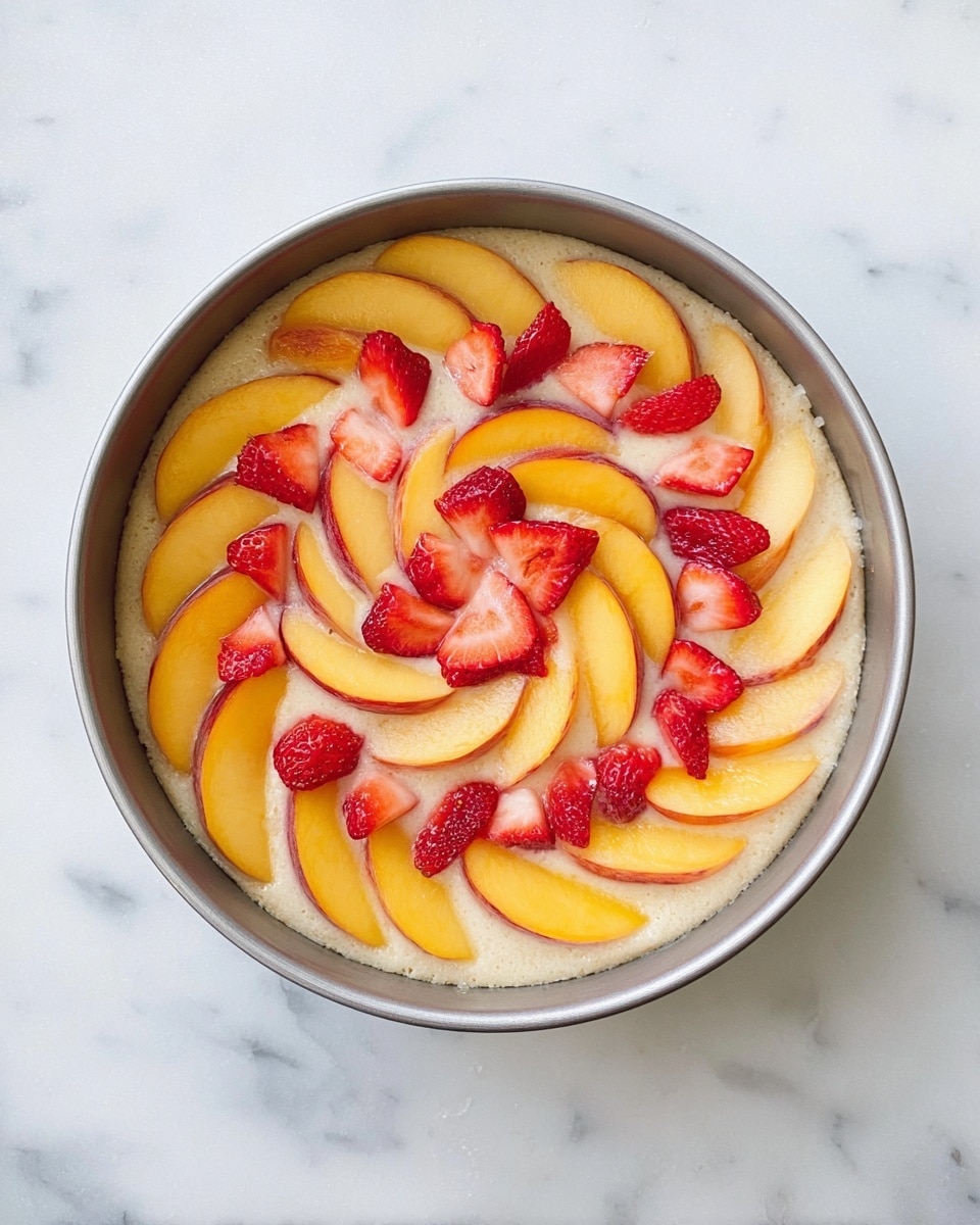 The image shows a round metal pan with a dessert inside, placed on a white marbled surface. The dessert has two main layers: the bottom layer is a smooth, pale cream-colored batter filling the whole pan evenly, and the top layer is made of thinly sliced fruit arranged in a spiral pattern starting from the outer edge to the center. The fruit slices alternate between bright yellow peach slices and red strawberry slices with white centers, creating a colorful and neat layered look. The peach slices are slightly larger and more elongated, while the strawberry slices are smaller and rounded, giving texture contrast. Photo taken with an iphone --ar 4:5 --v 7