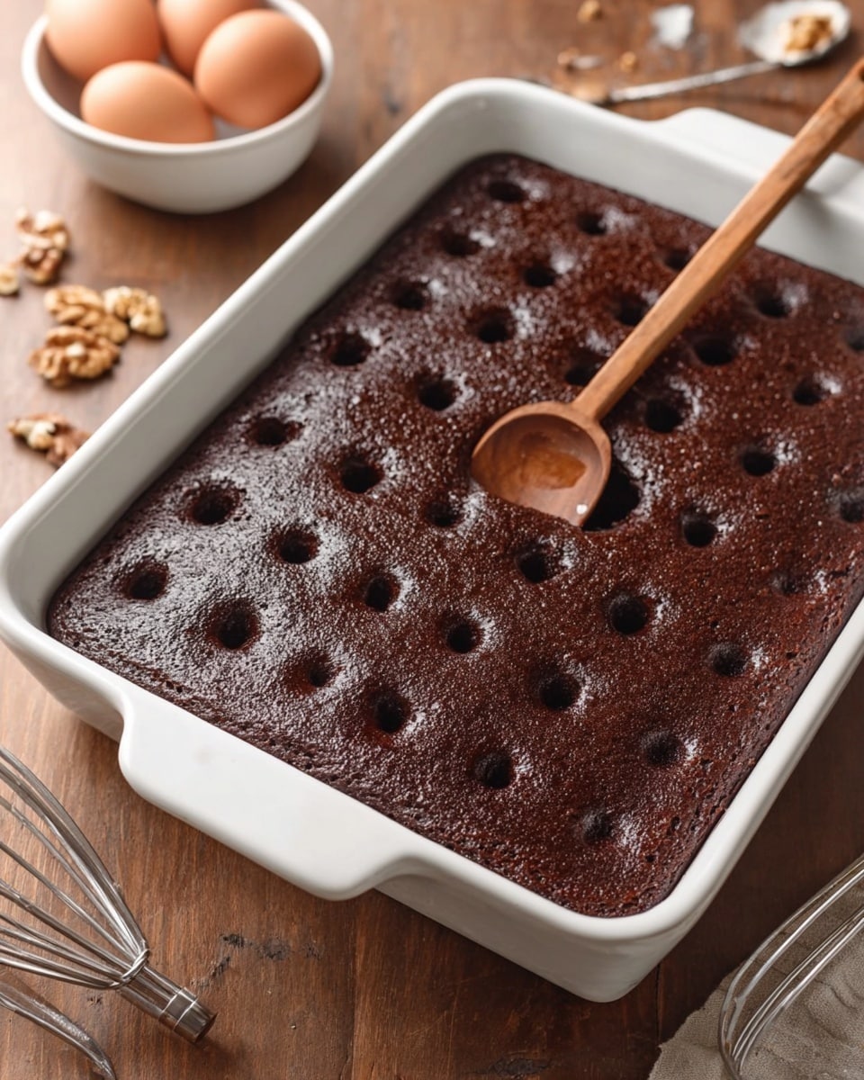 A dark brown chocolate cake with a smooth, slightly shiny surface is shown in a white rectangular baking dish. The first image shows the whole cake, while the second image shows the cake with small evenly spaced holes poked all over the top using a wooden spoon placed inside one hole. The background is a wooden surface with some egg shells in a white container, a metal bowl, bits of walnuts, and two metal beaters. photo taken with an iphone --ar 4:5 --v 7