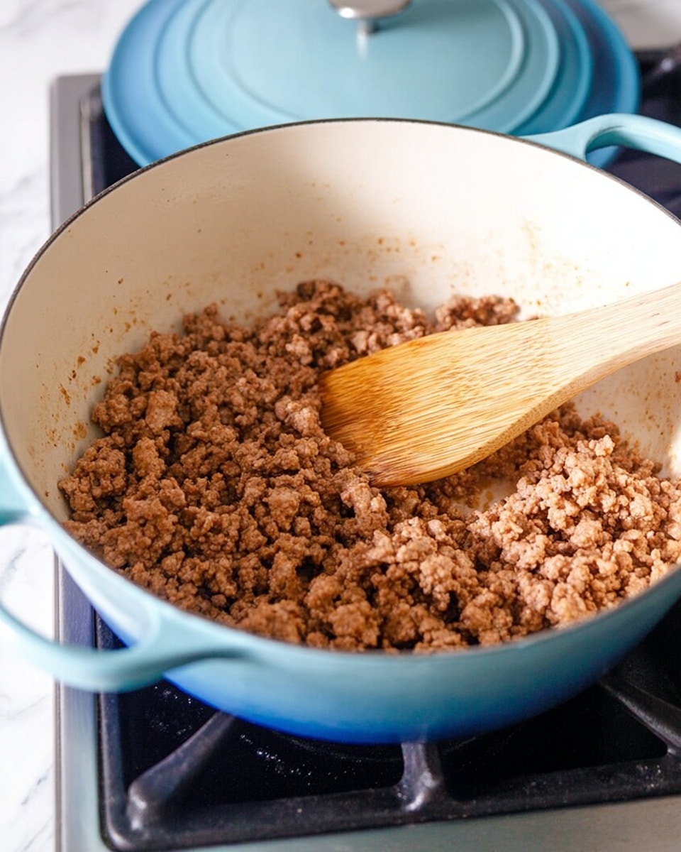 A close-up of cooked ground meat with a light brown and slightly pink color, spread evenly inside a white cast iron pot with light blue handles and rim. A wooden spatula with visible wood texture rests inside the pot, stirring the meat. The pot is on a black stove burner with a matching light blue lid sitting behind it. The background is a white marbled countertop. Photo taken with an iphone --ar 4:5 --v 7