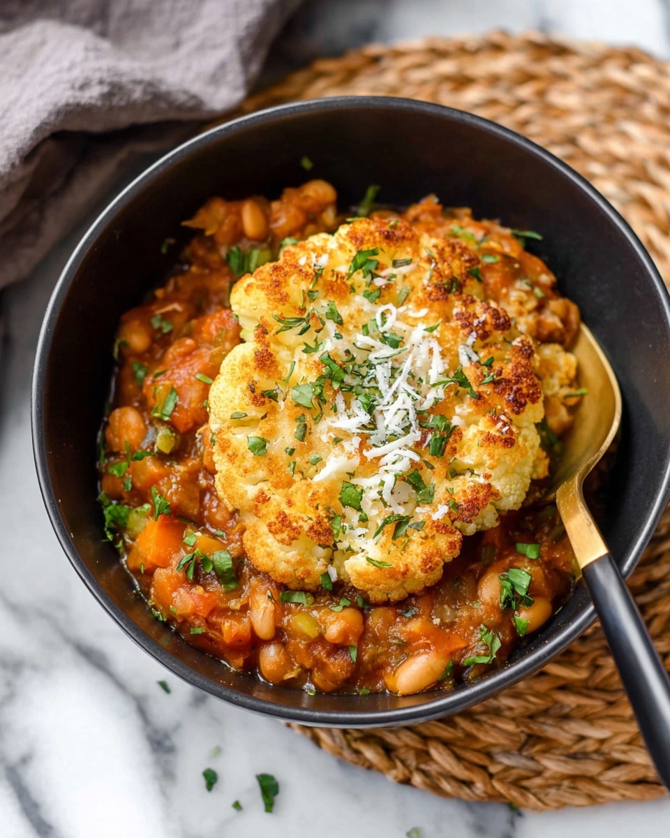 A black bowl holds a layered dish placed on a white marbled surface with a woven mat underneath. The bottom layer is a chunky stew with warm orange and brown tones, textured with visible pieces of vegetables and beans. On top of this sits a large, golden-brown roasted cauliflower slice with a slightly crispy and browned surface. The cauliflower is sprinkled with small white cheese shreds and bright green chopped herbs, adding a fresh touch. A gold and black spoon is placed inside the bowl, resting on the stew beside the cauliflower. photo taken with an iphone --ar 4:5 --v 7