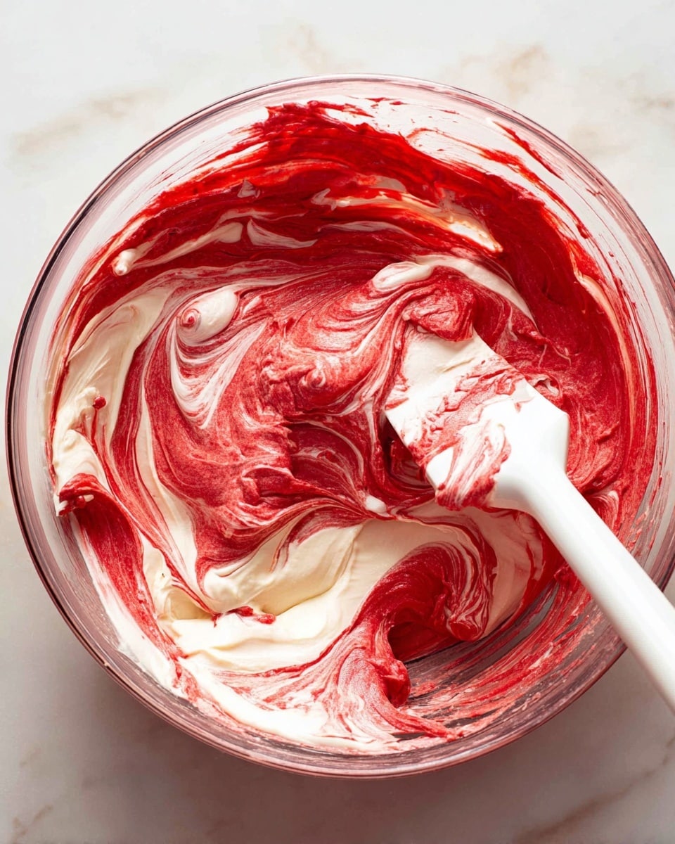 A clear glass bowl holds a thick mix of red and white swirled together in three to four broad layers, creating a marbled effect. The red parts are bright and smooth, while the white parts are creamy and soft, blending gently with the red. A white spatula with a long handle is partially buried in the mix, with some of the swirled mixture on it, showing the texture as smooth and fluffy. The bowl sits on a white marbled surface. Photo taken with an iphone --ar 4:5 --v 7