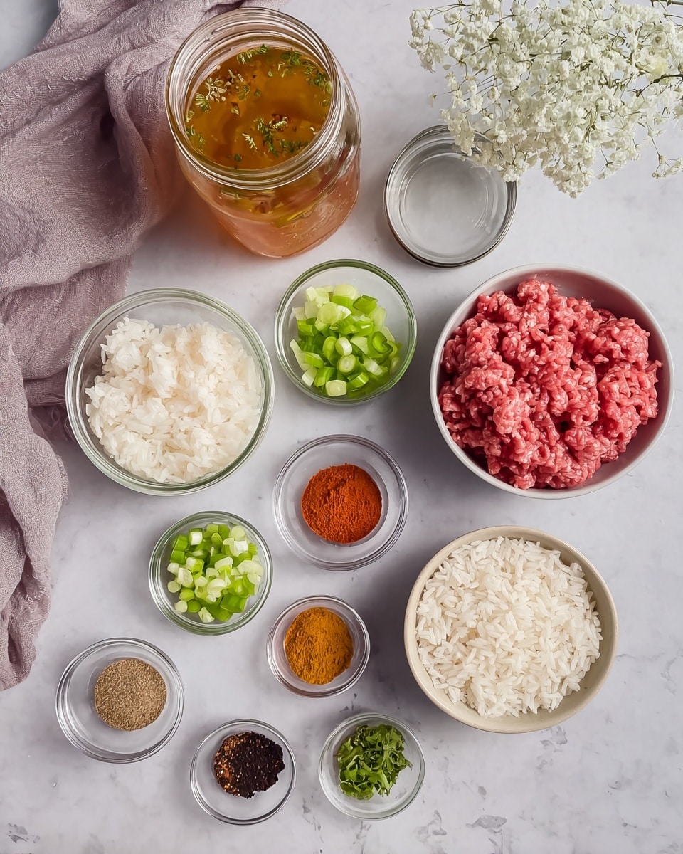 A top view of several small white bowls and glass containers placed neatly on a white marbled surface, each holding different cooking ingredients; from top to bottom, there is a bowl of cooked white rice with fluffy grains, a bowl of raw ground meat with a pink and light red texture, another bowl filled with raw ground beef with a deeper red and coarser appearance. Next to these, smaller bowls contain finely chopped white onions, bright green chopped celery or peppers, and several tiny glass bowls filled with various spices showing colors like deep red, orange, brown, black, and yellow. At the top left, there is a glass jar with golden-colored broth or stock with herbs floating inside, its metal lid removed and placed nearby. A soft gray cloth and a small white vase with white flowers add subtle decor in the upper corner. Photo taken with an iphone --ar 4:5 --v 7