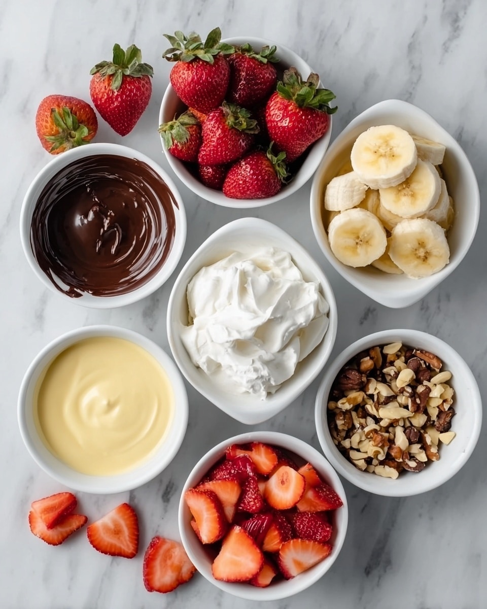 The image shows eight small white bowls arranged on a white marbled surface. One bowl holds whole bright red strawberries with green leaves on top, while three bowls contain light yellow banana slices. Another bowl is filled with whipped cream, white and fluffy with soft peaks. A small bowl contains dark brown chocolate sauce, smooth and shiny. One bowl has pale yellow custard or cream. There is a small bowl filled with mixed chopped nuts, including light and dark brown pieces. At the bottom, on the surface, there are halved red strawberries with visible seeds arranged loosely. photo taken with an iphone --ar 4:5 --v 7