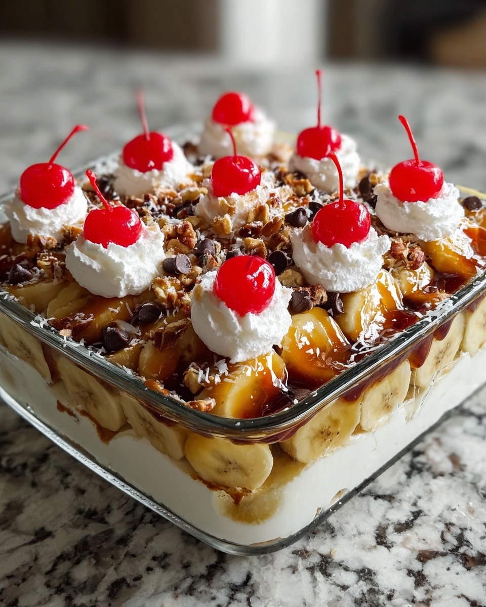 A clear glass square dish filled with a layered dessert. The bottom layer looks creamy white, possibly whipped cream or pudding. Above that, there is a layer of sliced bananas with a shiny caramel or syrup glaze. On top, there are drops of whipped cream placed evenly, each topped with a bright red cherry. Scattered around the whipped cream and cherries are small chocolate chips, crunchy nut pieces, and shredded coconut, adding texture and variety. The dish is placed on a white marbled surface. Photo taken with an iphone --ar 4:5 --v 7