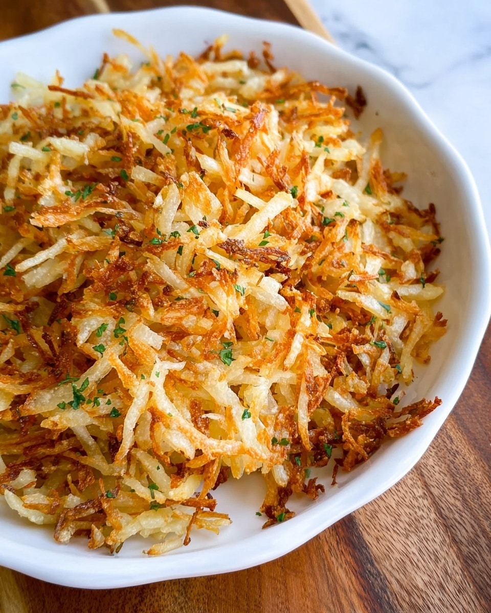 A white dish is filled with a single layer of golden-brown crispy shredded potatoes, some lighter and some darker in color, showing a crunchy texture. Small green herb bits are scattered evenly on top, adding contrast. The dish sits on a white marbled surface, and a small part of a wooden surface is visible in the background. The photo taken with an iphone --ar 4:5 --v 7
