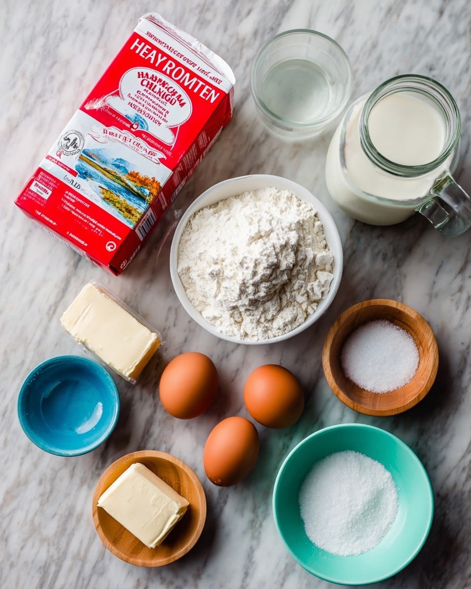 The image shows baking ingredients arranged on a white marbled surface. There are four brown eggs placed side by side near the bottom right. Above the eggs, a small white bowl holds a white powdery substance, likely flour, with a rough texture piled high. Next to the eggs is a red and white carton of heavy whipping cream with bright text and images. To the left, a small square wrapped butter block sits near a clear glass bowl filled with water. Next to the water is a large glass jar filled with white liquid, presumably milk. There are two small bowls, one blue containing a white granular substance, likely salt, and one wooden bowl with a smaller amount of white fine powder. Finally, a light teal bowl holds another white granular ingredient, possibly sugar. All items form a loose cluster and are evenly spaced. Photo taken with an iphone --ar 4:5 --v 7