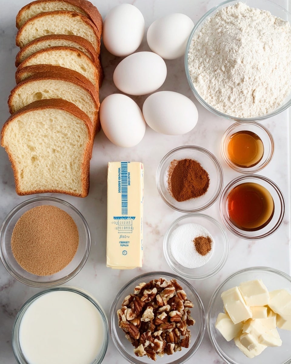 The image shows a white marbled surface with several ingredients arranged neatly. There are six white eggs placed in a cluster, four slices of light golden bread stacked on the left side, and a stick of light yellow butter with blue measurements printed on the wrapper near the center. Near the top are two clear measuring cups, one filled with white milk and the other with cream. Around the center and right side are small clear bowls holding different ingredients: brown sugar with a crumbly texture, a packed bowl of white flour, a bowl with chopped brown nuts, a bowl with white granulated sugar, cinnamon powder, vanilla extract that is amber in color, and a small bowl of white butter. The arrangement shows a clean and organized preparation for baking. photo taken with an iphone --ar 4:5 --v 7