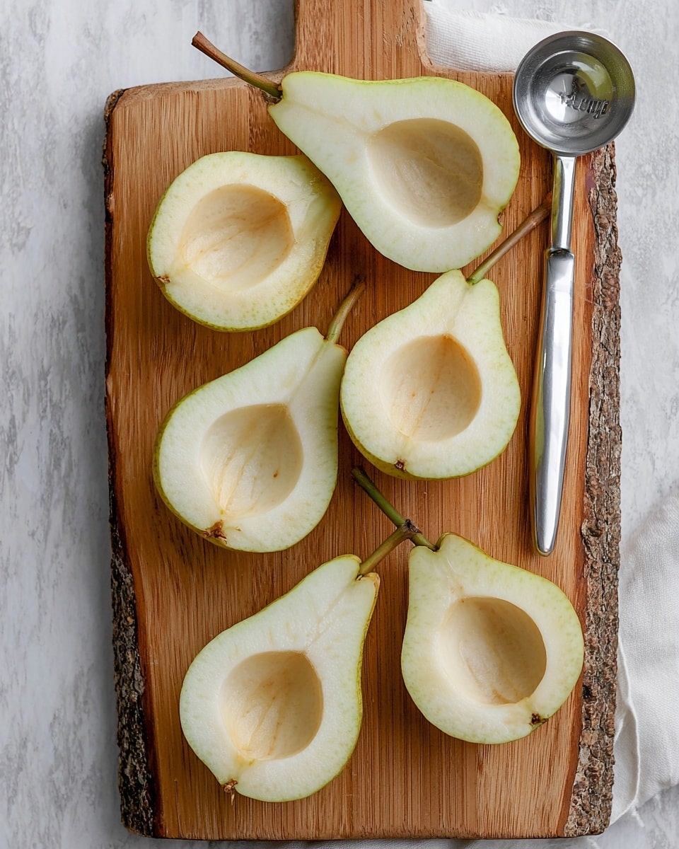 The image shows five pear halves placed on a wooden cutting board, with their seeds scooped out, leaving a smooth hollow center in each piece. The pears have a light greenish-yellow color with a soft texture, and their stems are still attached. The cutting board has a natural wood grain and bark edge. The board sits on a white marbled surface, and a silver ice cream scoop is placed near the top right corner of the board. Photo taken with an iphone --ar 4:5 --v 7