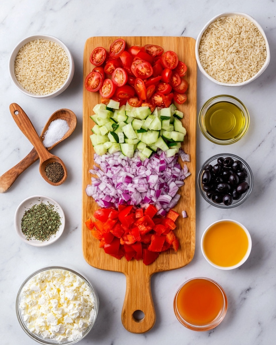 A wooden cutting board sits on a white marbled surface, holding four layers of chopped vegetables arranged in neat rows from top to bottom: bright red halved cherry tomatoes on the top left, light green sliced cucumber pieces beside them, finely diced purple and white onions below the cucumbers, and small chunks of red bell pepper at the bottom. Surrounding the board are small white bowls and glass bowls with ingredients: a bowl of beige uncooked rice at the top, a bowl of black sliced olives to the right, a bowl of white cheese crumbles at the bottom left, and three bowls with liquids in orange, yellow, and reddish colors arranged at the bottom right. Wooden spoons with black pepper, green herbs, and white salt powder are placed on the top left, middle right, and bottom left sides. The photo taken with an iphone --ar 4:5 --v 7