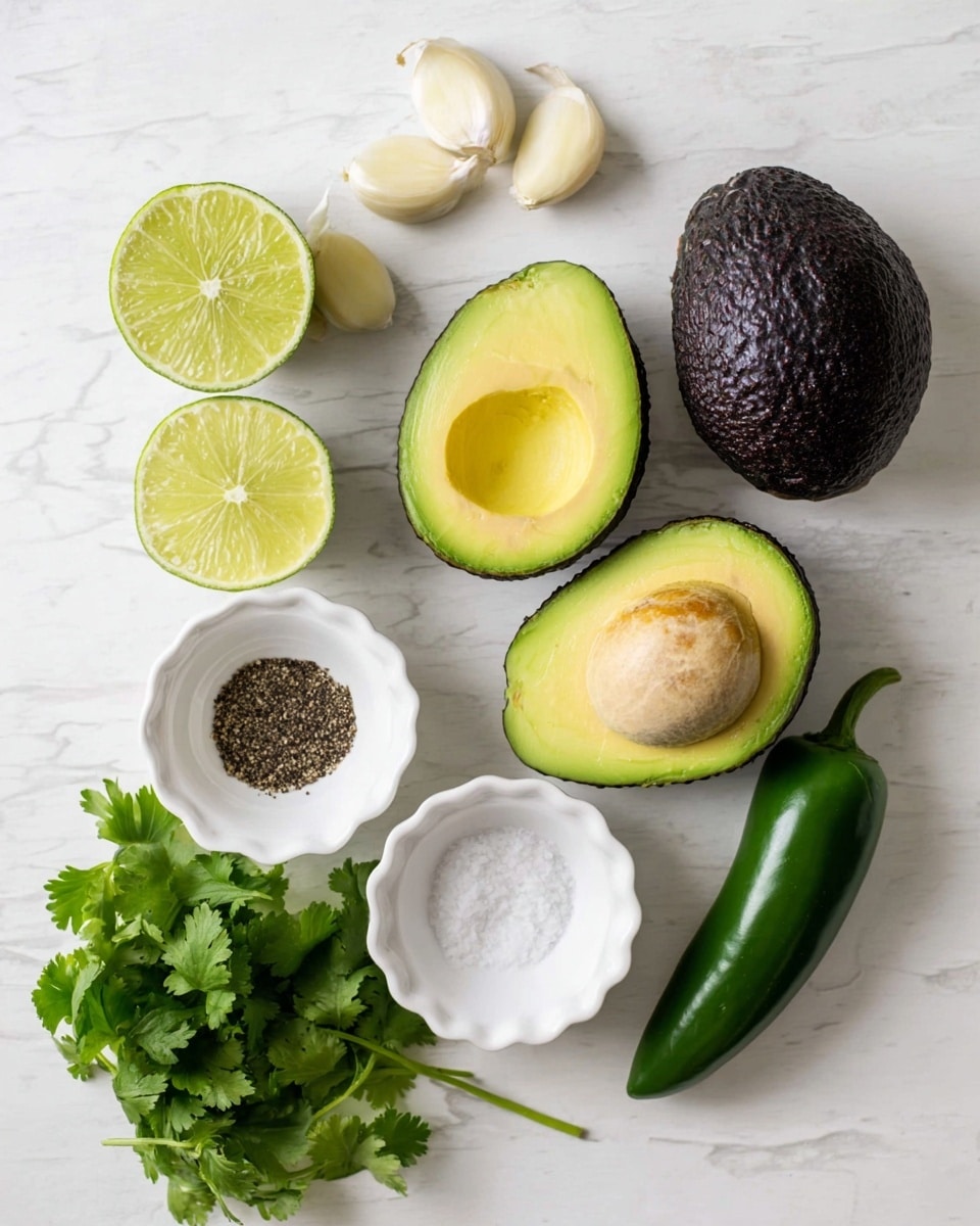 The image shows the ingredients for guacamole arranged neatly on a white marbled surface. There is one whole dark purple avocado with a rough texture placed on the right side, and two avocado halves with smooth, bright green and yellow flesh in the middle. Two lime halves with light green flesh sit near the top left, accompanied by three garlic cloves with smooth, off-white skin. A single green jalapeño pepper with a shiny surface is placed vertically on the right. Fresh green cilantro leaves occupy the bottom left corner. Small white round bowls hold ground black pepper and salt, placed near the avocados. An empty white round bowl with scalloped edges is positioned near the center top. The entire composition is viewed from above, showing the clear colors and textures of each item, photo taken with an iphone --ar 4:5 --v 7
