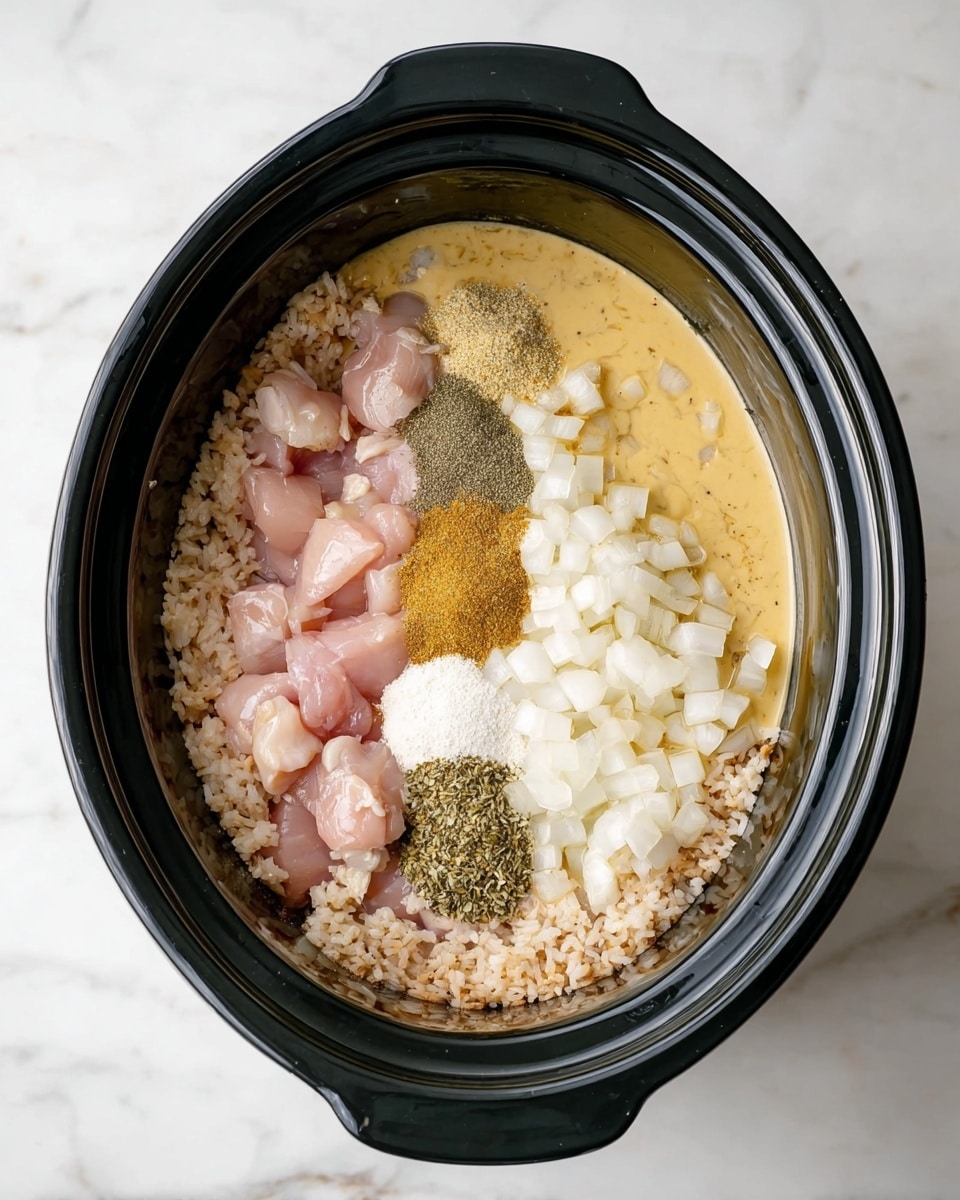 A black slow cooker bowl sits on a white marbled surface, filled with five clear layers of ingredients arranged from the bottom up: light pink raw chicken pieces, a layer of light brown rice, chopped white onions, a creamy pale yellow sauce topping most of the surface, and four small piles of spices placed in a row on the sauce with colors ranging from light beige, dark gray, green, to white. photo taken with an iphone --ar 4:5 --v 7