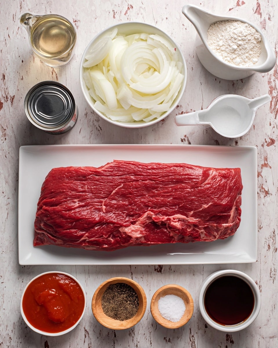 A large, raw red meat piece lies flat on a white rectangular plate at the center of the image. Above the plate, from left to right, there is a white bowl filled with white sliced onions, a small white pitcher with clear liquid, and a metal measuring cup filled with white flour. Below the plate, various ingredients are arranged: on the left, there is an open can with dark contents, next to it a white bowl with bright red sauce. Moving right, there is a light wooden bowl holding black pepper, a white bowl with a light brown powder, a small light wooden bowl with white salt, and a small light wooden bowl with a pale yellow powder. In the bottom right corner, a small white container holds a dark brown liquid. The whole scene is set on a white marbled textured surface, photo taken with an iphone --ar 4:5 --v 7