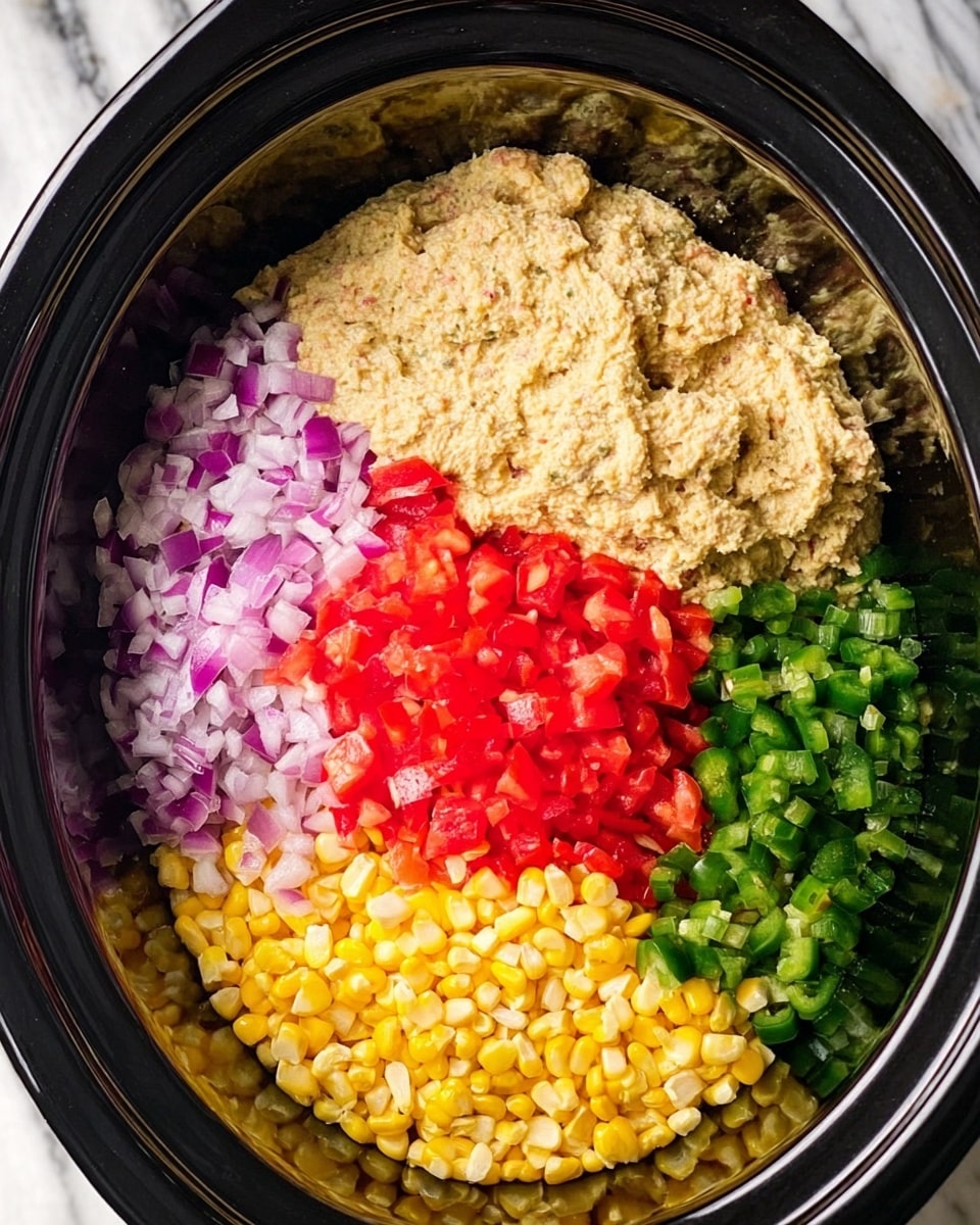 The image shows a black slow cooker filled with four distinct layers of ingredients. The bottom layer is yellow corn, evenly spread out. On the left side, finely chopped red onions create a purple and white patch. Next to it, bright red diced tomatoes form a vibrant red square. On the right side, green chopped jalapeños add a fresh green color. The top layer is a large, thick, beige mixture, covering the top part of the other ingredients. The overall texture varies from smooth to finely chopped pieces. The background is a white marbled surface. photo taken with an iphone --ar 4:5 --v 7
