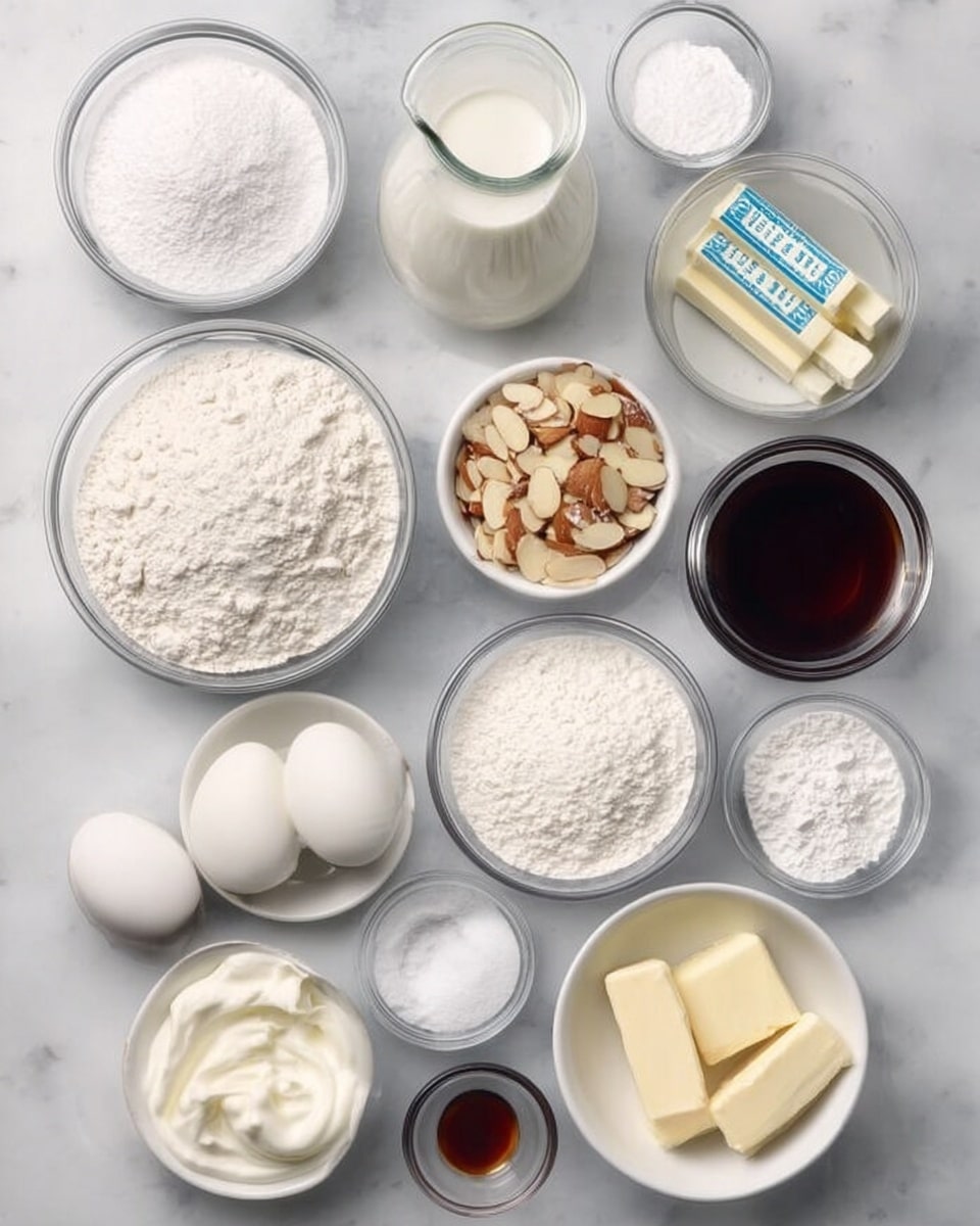 The image shows an overhead view of baking ingredients arranged neatly on a white marbled surface. There are multiple clear glass bowls filled with white powdered sugar, flour, and a smaller one holding sliced almonds. A white bowl contains what looks like sugar, and another white bowl has a creamy white substance, likely sour cream. Two white eggs sit close to the center, with two sticks of butter labeled in blue near them. There are also clear glass containers with liquids including milk and water, and smaller steel and white bowls holding salt, baking powder, and vanilla extract. All items are evenly spaced, presenting a clean and organized setup. Photo taken with an iphone --ar 4:5 --v 7