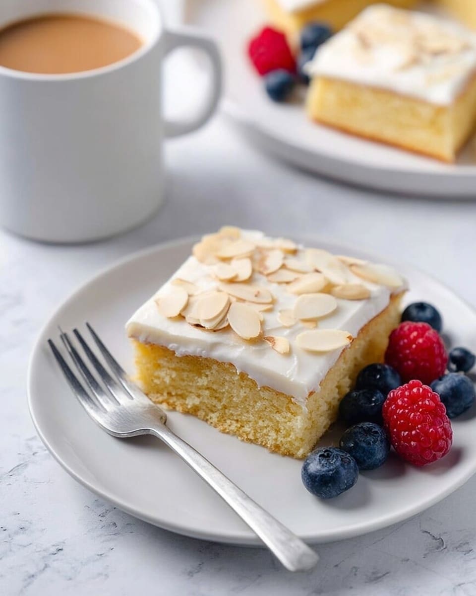The image shows a white plate with a square piece of cake that has two layers: a bottom layer of light yellow sponge cake and a top layer of smooth white frosting with thin almond slices scattered on it. Next to the cake on the plate are fresh blueberries and raspberries. A silver fork lies on the edge of the plate. In the background, there is a white cup filled with a light brown drink and another plate with a similar square cake piece. The whole scene is set on a white marbled texture surface. photo taken with an iphone --ar 4:5 --v 7