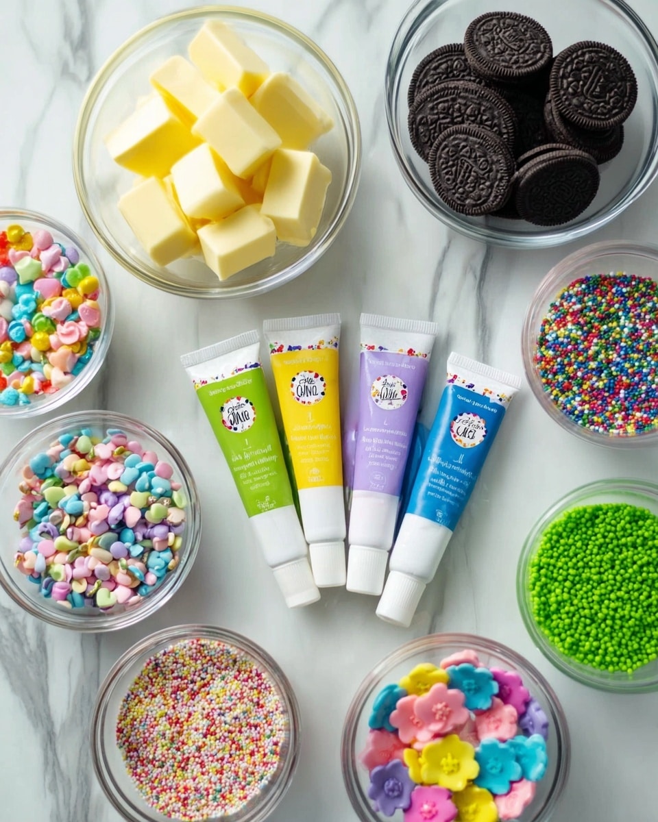 A flat lay image showing several clear glass bowls filled with different colorful baking ingredients on a white marbled surface. There are light yellow chunks of butter in one bowl, a bowl of dark chocolate sandwich cookies, and five tubes of food coloring gel in green, yellow, purple, blue, and pink with white tops placed in a row. Surrounding them are five bowls filled with various sprinkles: tiny pastel-colored round sprinkles, pink/blue/yellow star-shaped sprinkles, multicolored round confetti sprinkles, green sprinkles mixed with small colorful candy pieces, and multicolored flower-shaped sprinkles. The layout is bright and colorful with a clean, tidy arrangement. Photo taken with an iphone --ar 4:5 --v 7
