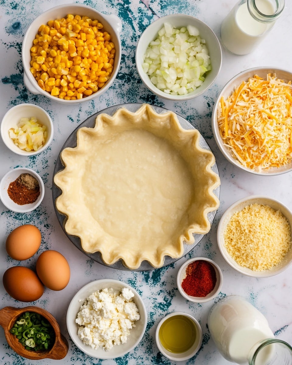 The image shows a white pie crust in a pan with crimped edges placed on a white marbled surface with blue patterns. Surrounding the pie crust are bowls and small containers holding various ingredients: a white bowl with yellow corn kernels, a white bowl with chopped white onions, a white bowl with crumbly white cheese, a white bowl with orange shredded cheese, a white bowl with yellowish breadcrumbs, a small white bowl with red powder, a small white bowl with chopped garlic, a small white bowl with chopped green chili, and a small cup with yellow oil. There are also two brown eggs, a wooden bowl with salt, a wooden bowl with black pepper, and a glass container with white milk. Photo taken with an iphone --ar 4:5 --v 7