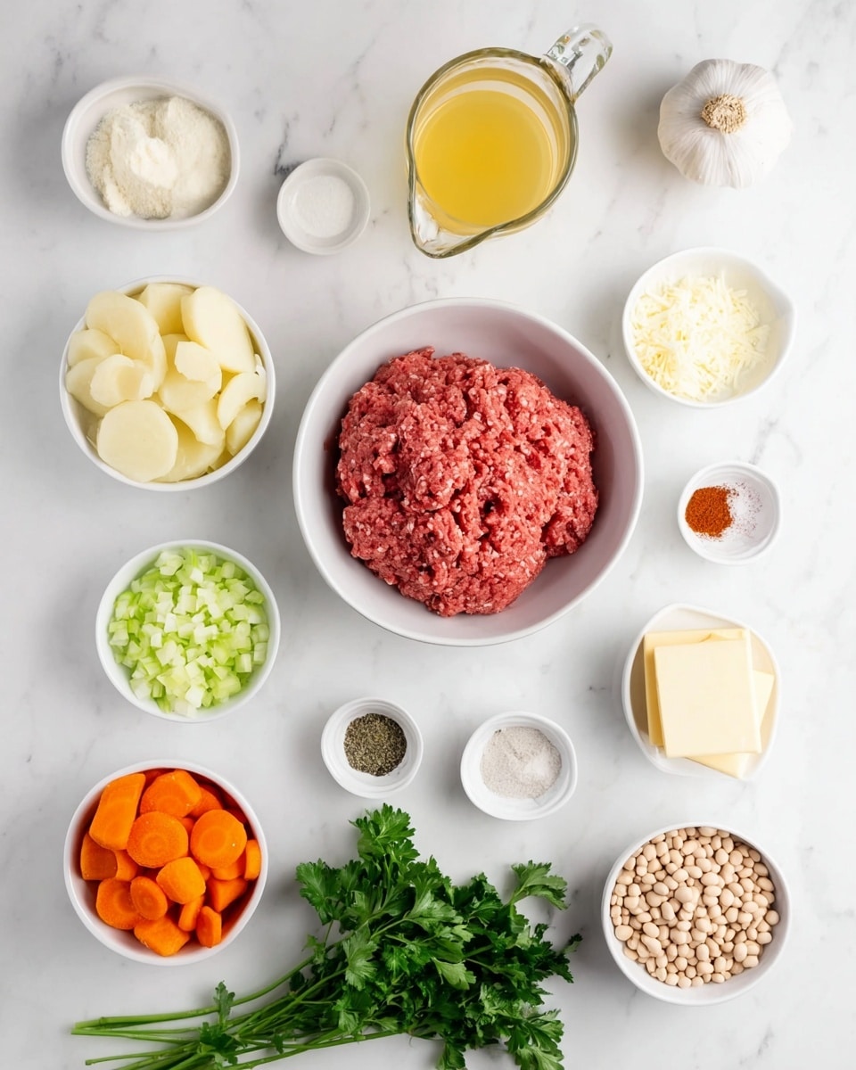 The image shows various ingredients placed on a white marbled surface. At the center is a white bowl filled with raw ground meat, deep pink in color and textured with small grooves. Above it, there is a clear jug with a yellow liquid, likely broth. Surrounding the center bowl are smaller white bowls holding chopped orange carrots, shredded cheese, peeled and sliced potatoes, chopped white onions, and chopped green celery. Small white containers hold ground black pepper, salt, and a reddish-brown spice, while another container has a light yellow stick of butter. There are also small bowls with a white powder, likely flour, and a mix of beige and tan beans or legumes. In the bottom left corner, a bunch of fresh green parsley rests on the surface. A whole garlic bulb sits near the top right. The composition is neat, showing all ingredients separately for a recipe setup. Photo taken with an iphone --ar 4:5 --v 7