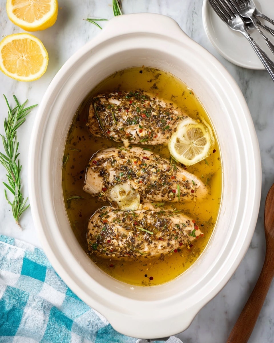 A white oval slow cooker holds three thick slices of pale chicken layered with a mix of black and green herbs and red pepper flakes, all sitting in a shallow pool of golden liquid. Around the cooker, the white marbled surface carries two lemon halves and sprigs of rosemary on the top left, and a wooden spoon on the bottom right, with a blue and white checkered cloth peeking in from the lower left. On the top right, a small white plate holds three silver forks stacked on top of each other. photo taken with an iphone --ar 4:5 --v 7