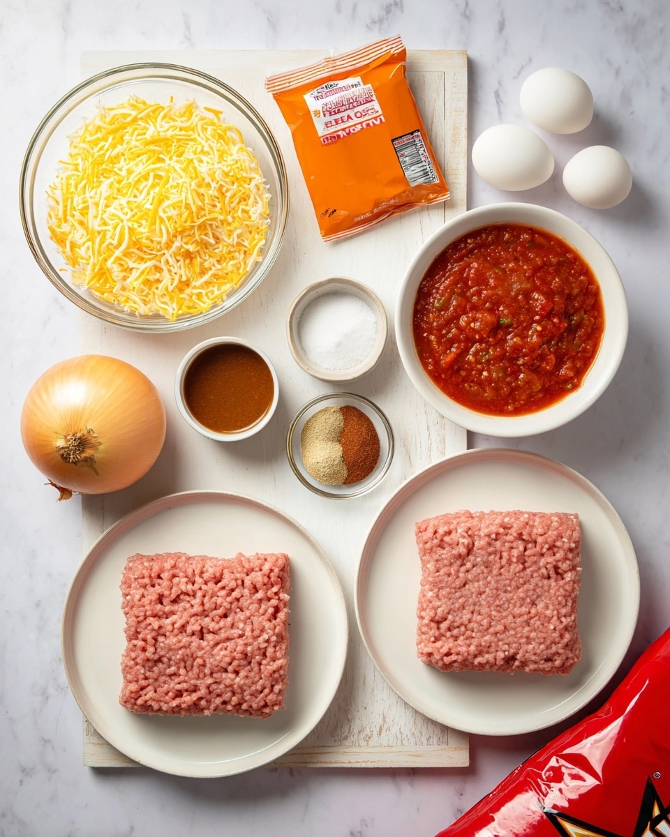 The image shows a top view of cooking ingredients arranged neatly on a white marbled surface, including shredded yellow and white cheese in a clear bowl on the upper left, a bright orange packet of original taco seasoning in the center, a white bowl filled with chunky red salsa in the upper right, and two white eggs along with two small piles of brown and white powder spices on a wooden tray below the cheese. There's a large whole yellow onion at the bottom left, a small white bowl of dark orange sauce near the center, and two white plates each holding a block of raw ground meat, one pinkish-red and one light pink, located on the right and bottom respectively. The bottom right corner shows part of a red Doritos bag. photo taken with an iphone --ar 4:5 --v 7