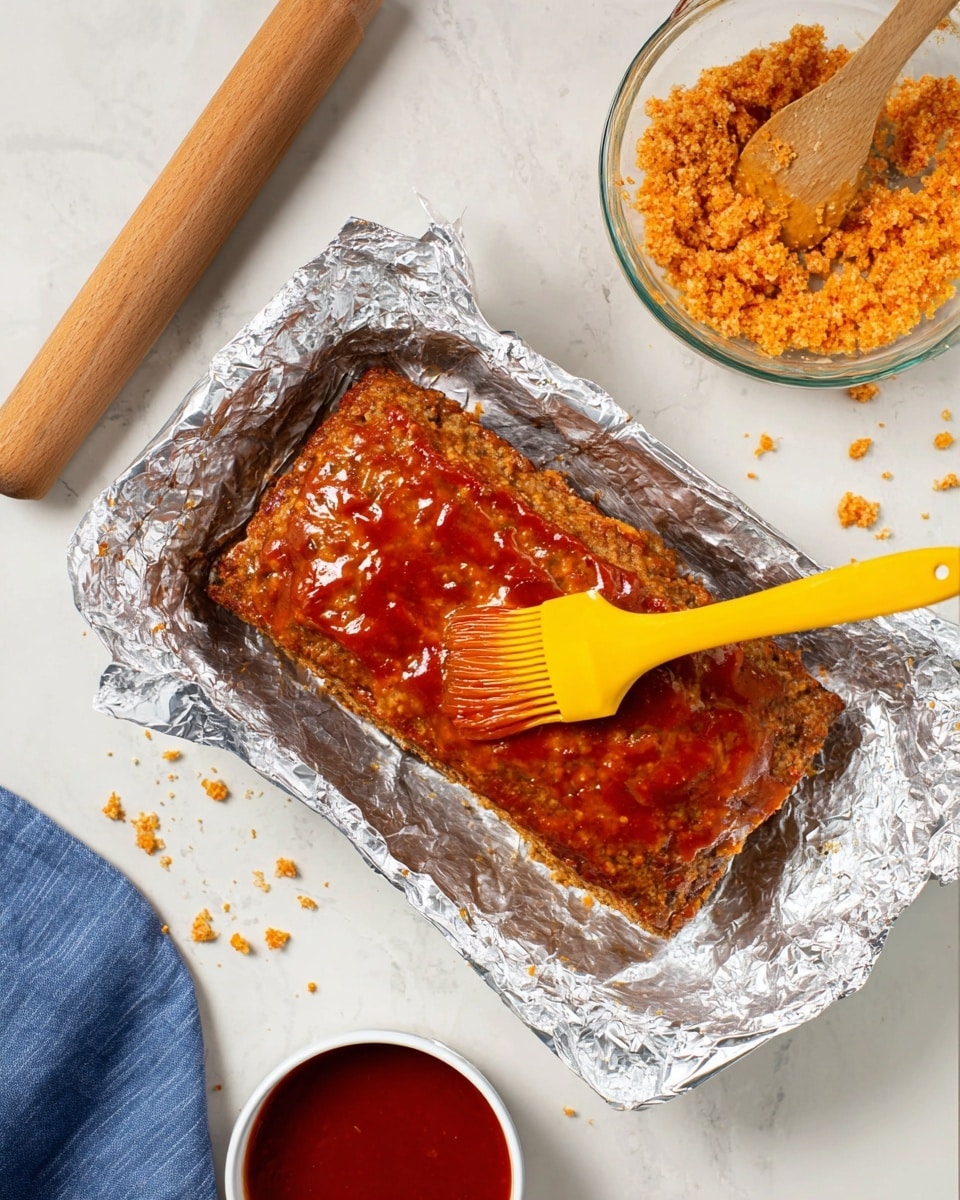 A rectangular loaf of meatloaf sits on crinkled aluminum foil inside a white marbled surface. The meatloaf has an uneven orange-brown top layer that is being brushed with shiny red sauce using a yellow silicone brush. Above the meatloaf, there is a glass bowl with orange crumbs and a wooden spoon resting on the edge, showing leftover bits of the mixture. To the left, a wooden rolling pin lies next to a clear measuring cup filled with crushed orange crumbs. Below the meatloaf, there is a small white bowl filled with the same red sauce. A blue cloth is partially visible in the lower left corner. The scene is bright and has a clean, minimal look. photo taken with an iphone --ar 4:5 --v 7
