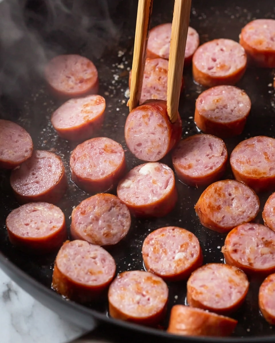 This image shows many round slices of sausage cooking on a dark pan. The sausage slices are light pink with some white spots inside and have browned edges where they touch the pan. The slices are spread out, some overlapping slightly, and they have a shiny texture from cooking. A woman's hand is using wooden tongs to pick up a couple of slices in the upper left part of the pan. There is visible steam rising from the sausages, showing they are hot and fresh. The background is a white marbled texture photo taken with an iphone --ar 4:5 --v 7