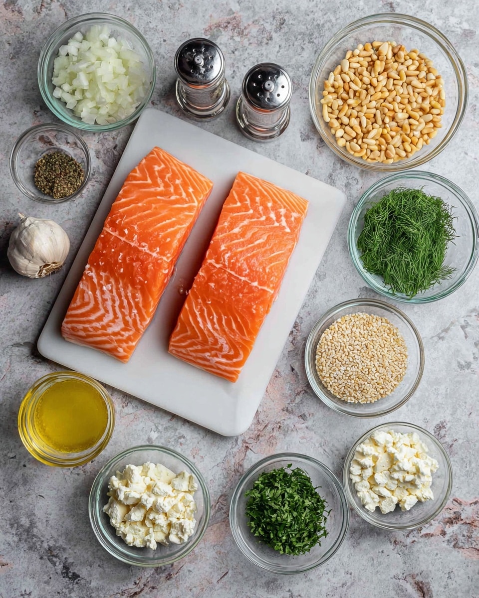The image shows two bright orange salmon fillets with white lines placed side by side on a white cutting board in the upper left corner. Around the cutting board, there are small clear glass bowls filled with different ingredients: chopped white onions, minced garlic, golden olive oil, toasted pine nuts, fresh chopped dill, crumbled white cheese, fresh chopped parsley, uncooked small round beige grains, lemon juice, and mixed dried herbs. Two clear glass salt and pepper grinders stand next to the salmon, and the whole setup is on a white marbled surface. photo taken with an iphone --ar 4:5 --v 7