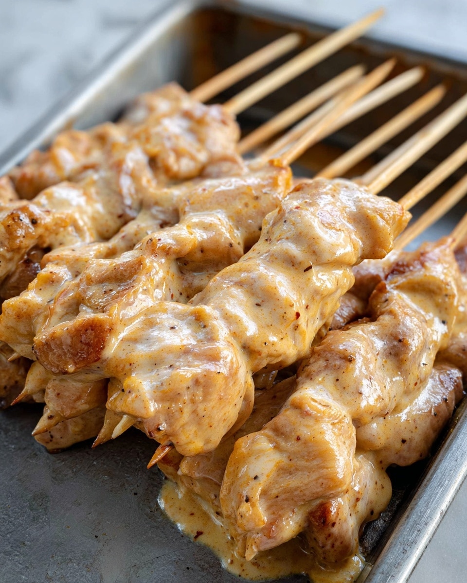 Several wooden skewers hold thick pieces of raw chicken coated in a creamy, pale orange sauce with visible specks of seasoning. The chicken chunks are layered closely on each skewer, showing a shiny and smooth texture from the sauce. The skewers rest diagonally inside a metal tray with a slightly worn surface. The background under the tray is a white marbled texture. photo taken with an iphone --ar 4:5 --v 7