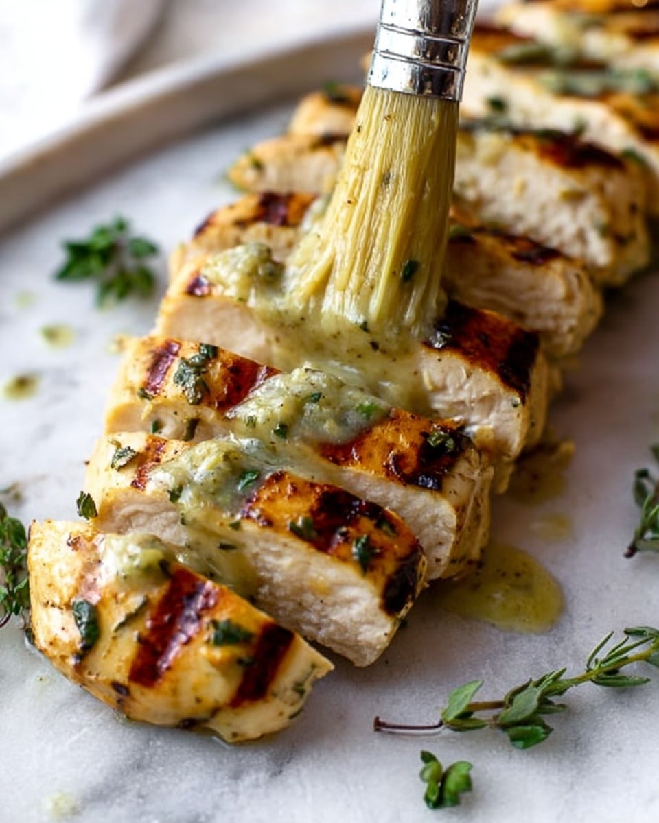 A white marbled plate holds slices of cooked chicken, arranged in two rows. The chicken is golden brown with grilled marks and has small green herb pieces on top. A woman's hand is brushing a light green sauce over the chicken using a brush, adding shine and extra texture. The sauce looks smooth with tiny bits inside. Some scattered green herb leaves are placed on the white marbled surface around the plate. The image is close-up, focusing on the chicken and the sauce application. Photo taken with an iphone --ar 4:5 --v 7
