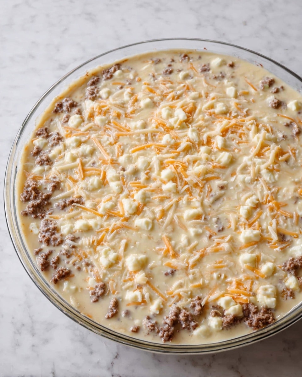 A clear glass pie dish filled with a creamy mixture showing three layers visually: a bottom layer with bits of cooked ground meat in brown color, a middle layer scattered with orange shredded cheese, and a top layer of creamy, light beige sauce mixed with small curds of white cheese. The pie dish sits on a white marbled surface, and the mixture looks smooth with some texture from the ingredients mixed in. photo taken with an iphone --ar 4:5 --v 7