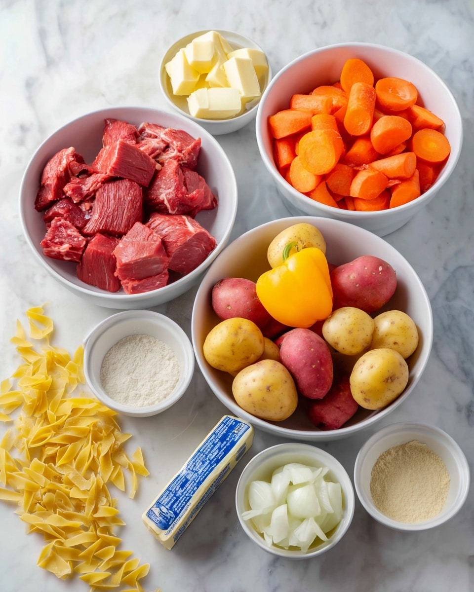 The image shows several white bowls with different ingredients placed on a white marbled surface. One large bowl contains raw red meat pieces, another large bowl holds peeled and sliced orange carrots, and a third large bowl is filled with halved red and yellow small potatoes. A small white bowl has whole bright yellow peppers, while another small white bowl holds white onion chunks. There are two smaller white bowls with light beige powders, and a stick of butter wrapped in blue and white paper is placed near the center. There are uncooked yellow twisted noodles scattered loosely on the surface near the bowls. The photo is taken with an iphone --ar 4:5 --v 7