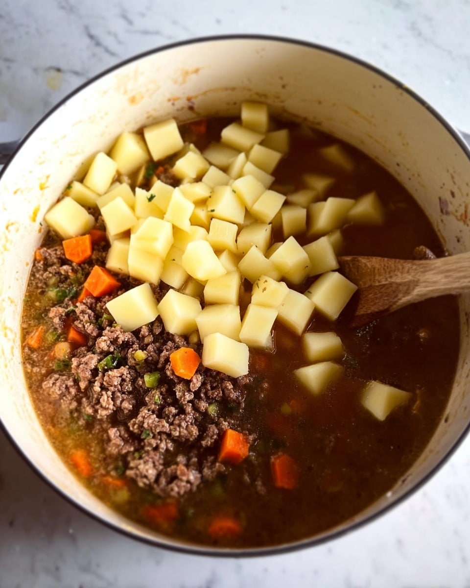 The image shows a white pot filled with a soup-like mixture. At the bottom, there is a layer of dark brown cooked ground meat mixed with small pieces of orange carrots and green bits, all sitting in a thin brown broth. On top, there is a generous layer of light yellow, cubed potatoes resting in the broth. A wooden spoon is partially visible within the pot, stirring the ingredients. The inside of the pot is white with some small food stains around the sides. The background surface is a white marbled texture. Photo taken with an iphone --ar 4:5 --v 7