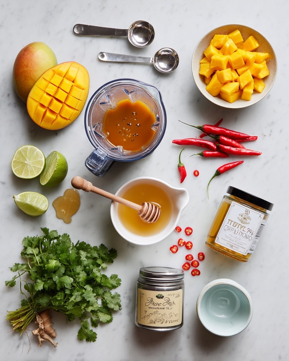A top-down view of various ingredients arranged neatly on a white marbled surface, featuring a glass blender with orange-brown liquid in the center, a halved mango at the top left with one half displaying grid cuts and a white bowl of diced mango pieces below it, two red chili peppers beside the bowl, and a small glass pitcher of light orange liquid nearby; below the pitcher is a bunch of fresh green cilantro with roots visible. To the right of the blender, there is a wooden honey dipper resting on a small pool of honey, a halved lime showing a bright green interior, and a glass jar labeled