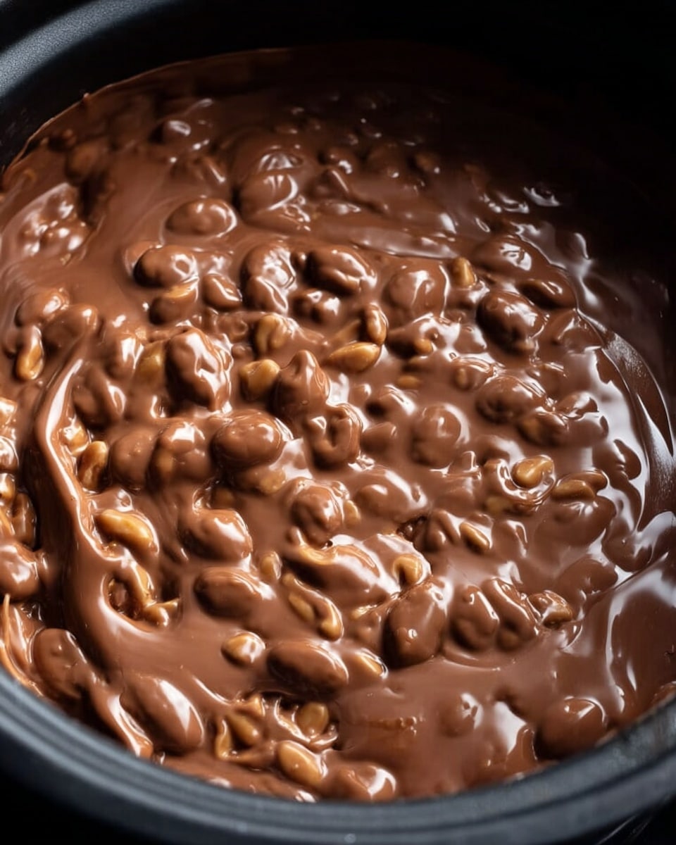 The image shows a close-up of a mix of melted milk chocolate and whole peanuts inside a black pot. The chocolate is thick and shiny, covering the peanuts evenly, which create a bumpy texture. The mix looks warm and creamy, with some peanut shapes visible under the smooth chocolate surface. The pot itself has a smooth, dark inside surface with a rounded edge. Photo taken with an iphone --ar 4:5 --v 7