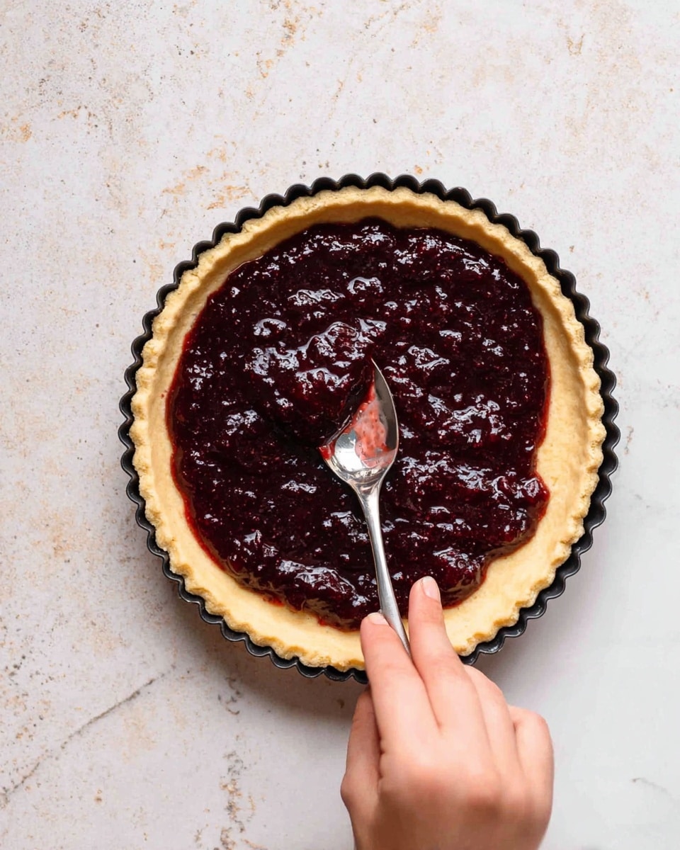 A tart crust filled with a thick, dark purple jam spread unevenly inside the crust, which has a light golden color and a crimped edge. A woman's hand is holding a silver spoon spreading the jam. The tart pan is black, placed on a white marbled surface. Photo taken with an iphone --ar 4:5 --v 7