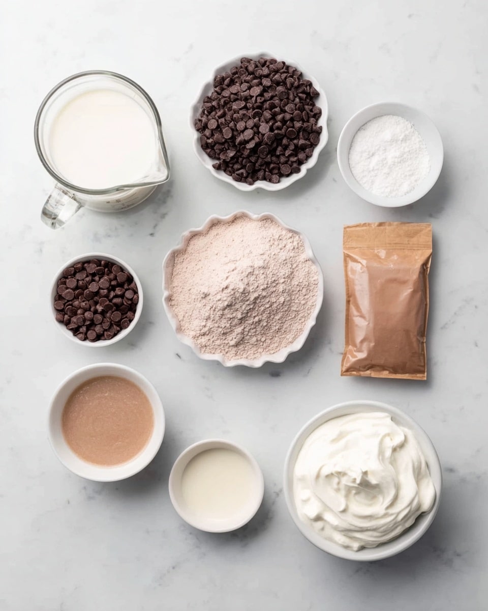 The image shows several ingredients placed neatly on a white marbled surface, arranged in a loose circle. There is a clear glass measuring cup filled with milk at the top left, a small white bowl filled with dark chocolate chips near the top center, and a small white container with a white creamy ingredient to the right. Below these are a small white bowl with light brown powder, a transparent bag filled with light brown powder in the center, and a brown paper packet on the right side. Closer to the bottom left are two small white bowls—one with chocolate chips and the other with a creamy beige liquid—and a larger white bowl filled with thick white cream on the bottom right. The arrangement creates a clean, organized look with soft and natural light highlighting the colors and textures of each ingredient photo taken with an iphone --ar 4:5 --v 7